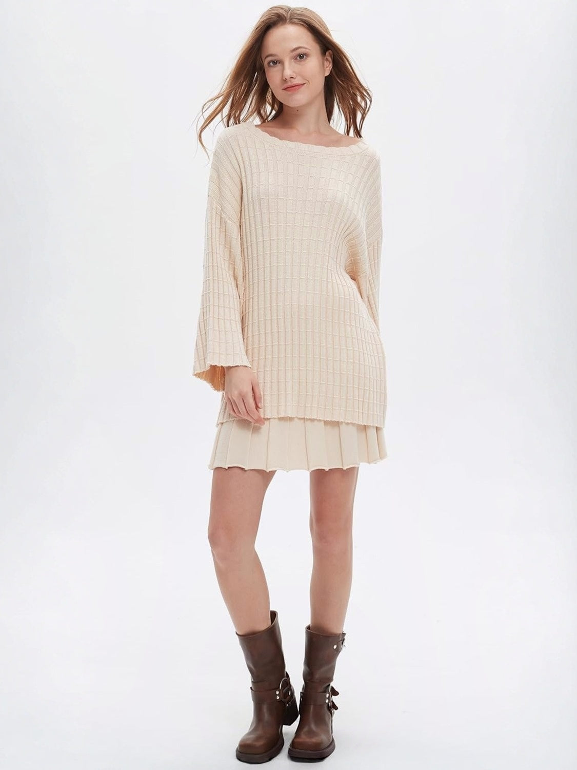 Ezapine Casual Loose Knit Top And Pleated Skirt Set