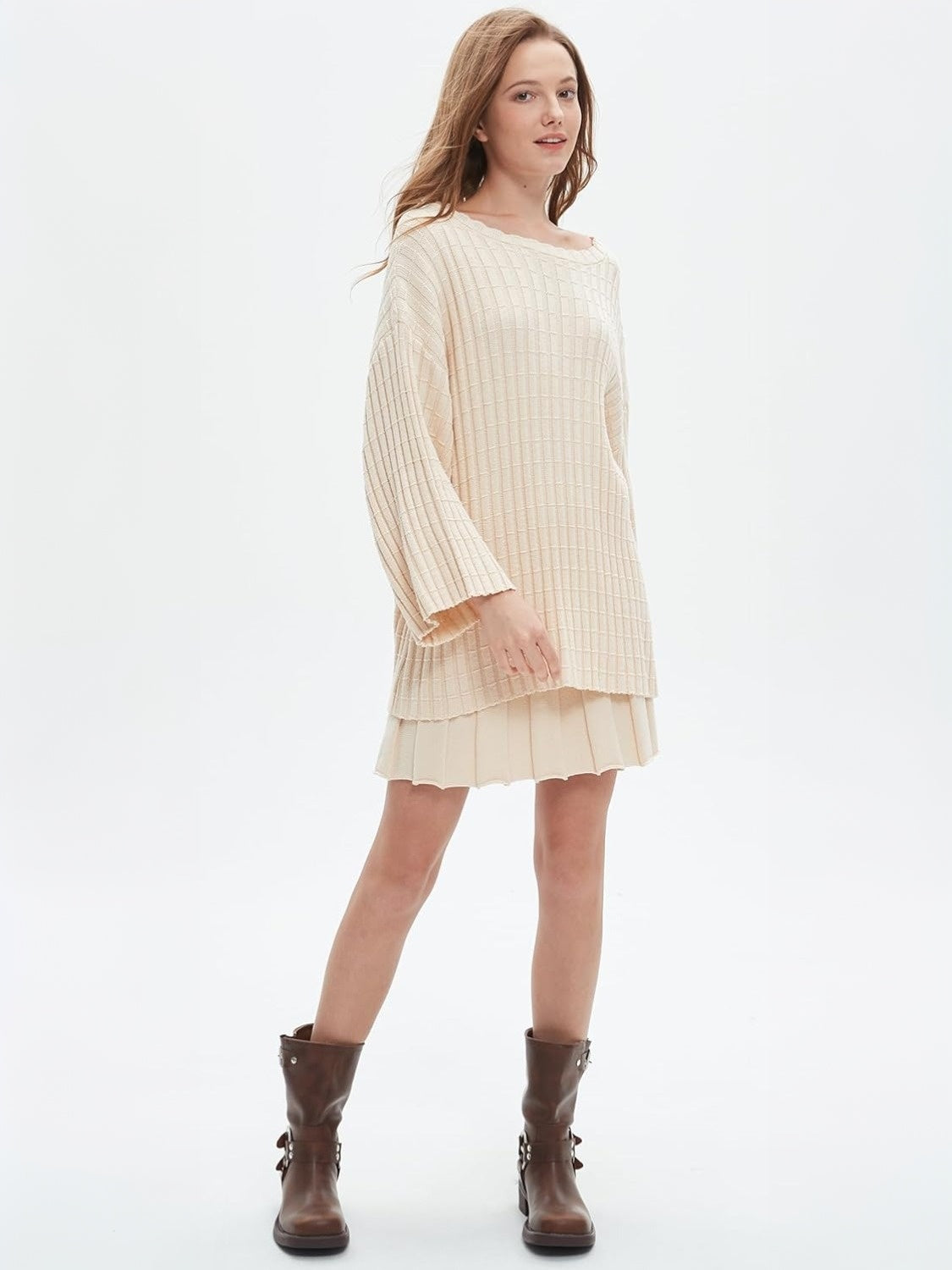 Ezapine Casual Loose Knit Top And Pleated Skirt Set