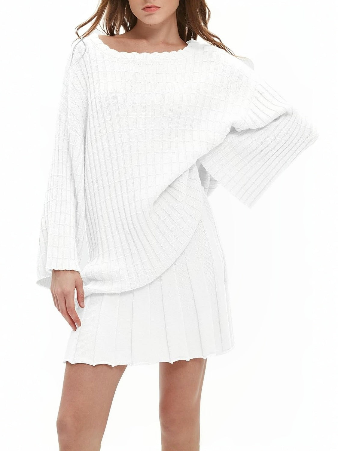 Ezapine Casual Loose Knit Top And Pleated Skirt Set