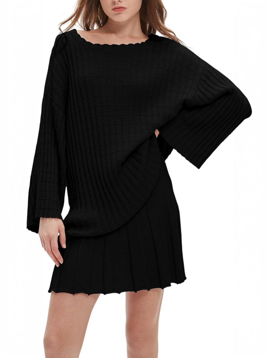 Ezapine Casual Loose Knit Top And Pleated Skirt Set
