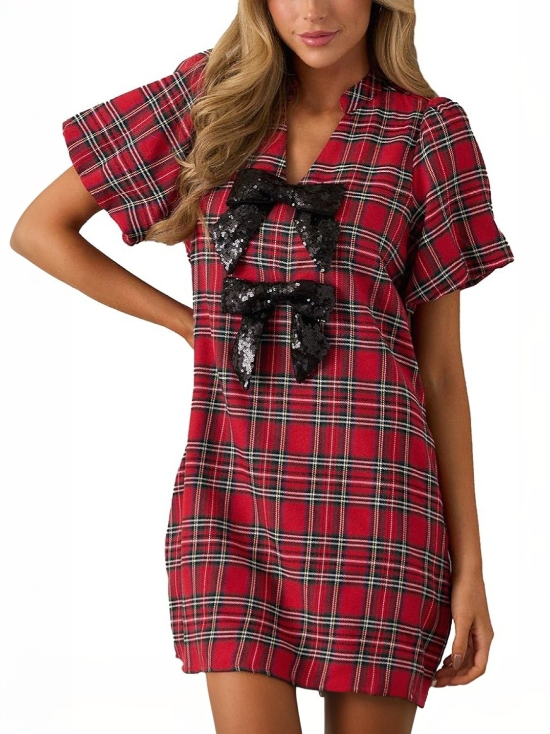 Lifeshe Bow Front Lantern Sleeve Plaid Shift Dress With Pocket
