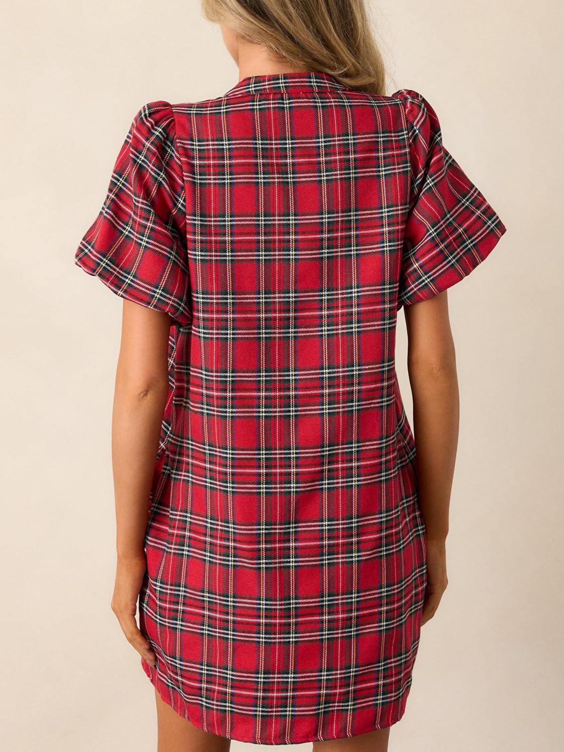 Lifeshe Bow Front Lantern Sleeve Plaid Shift Dress With Pocket