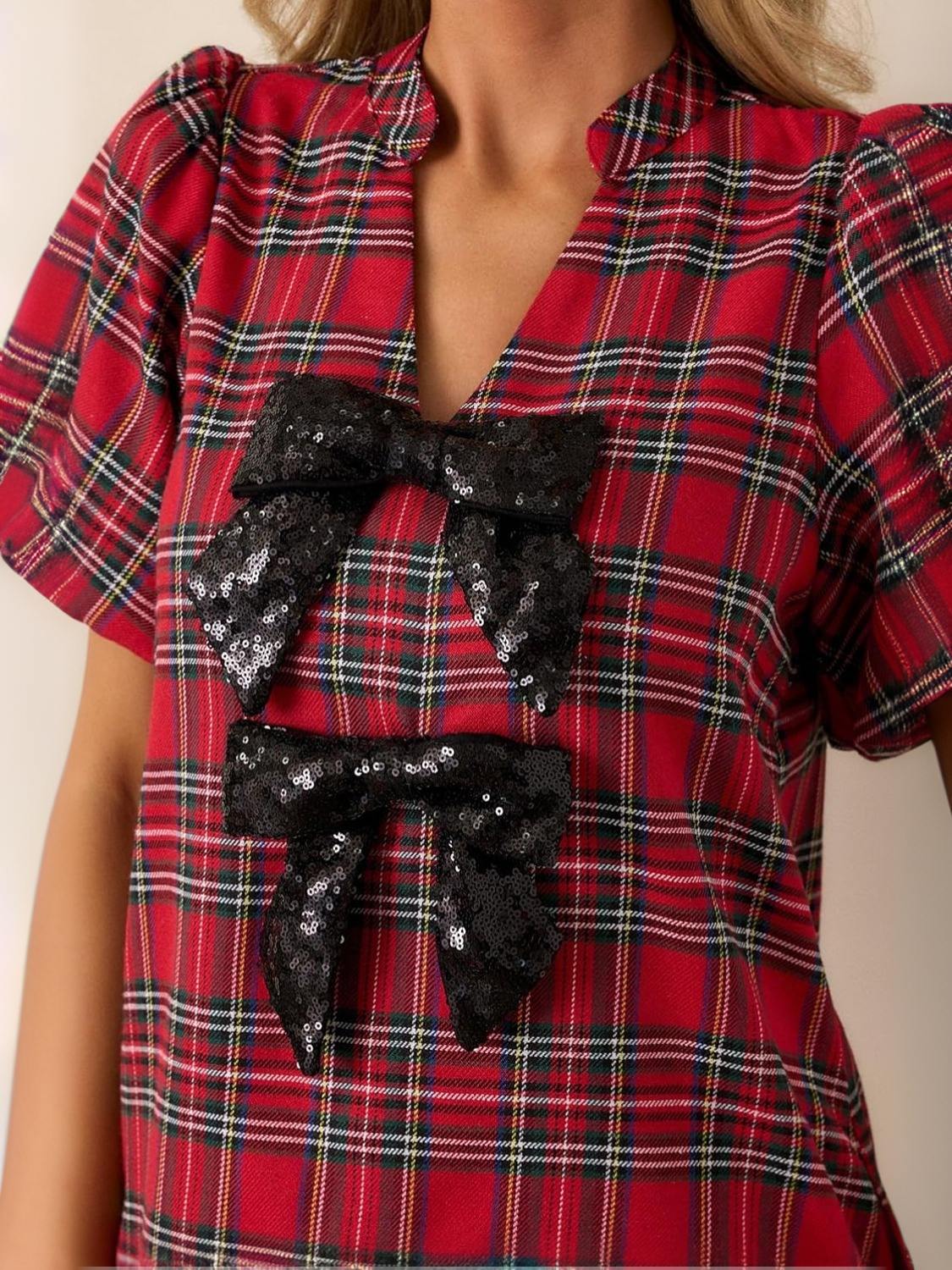 Lifeshe Bow Front Lantern Sleeve Plaid Shift Dress With Pocket