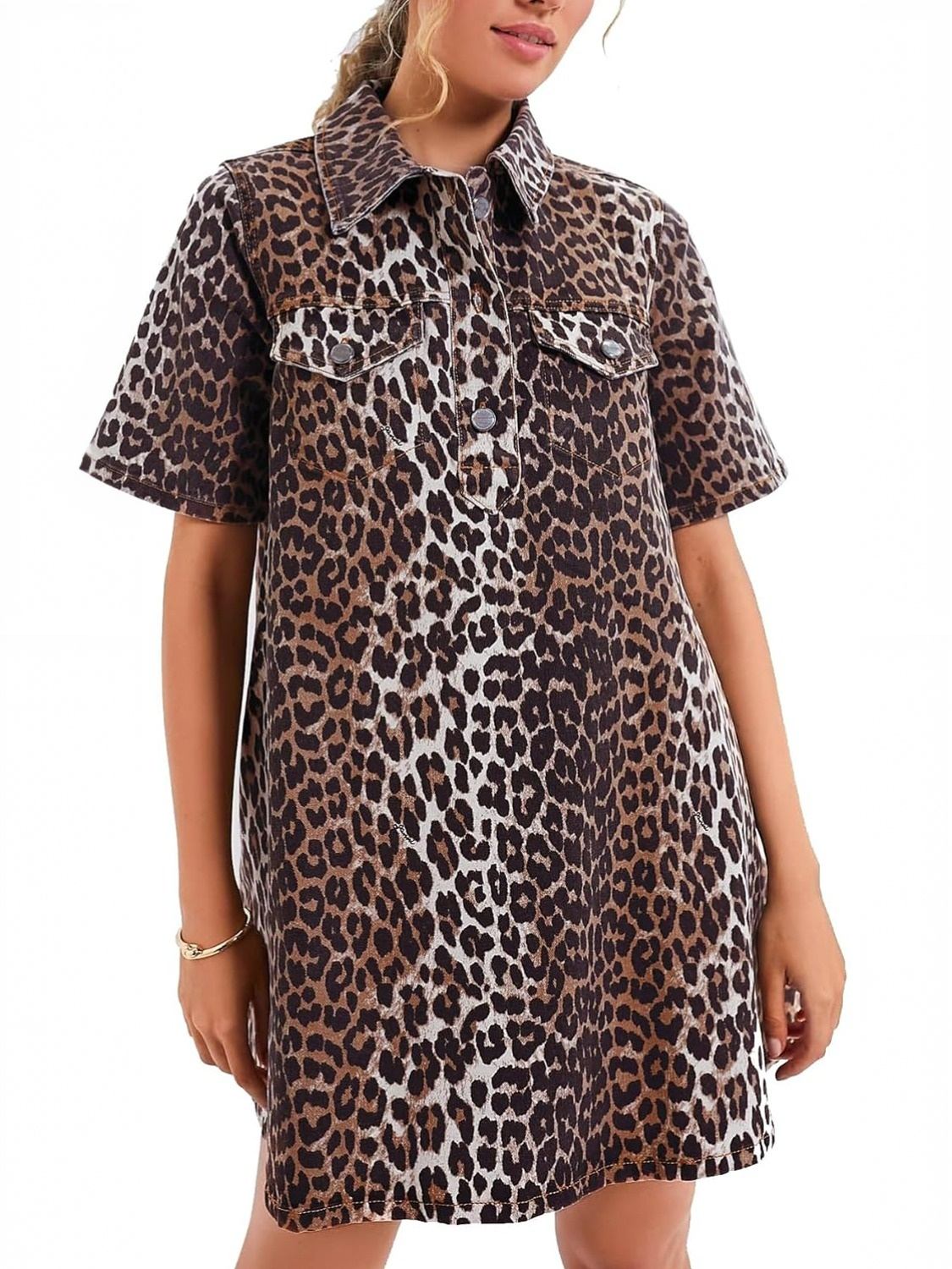D-Sun Leopard Print Denim Shirt Dress