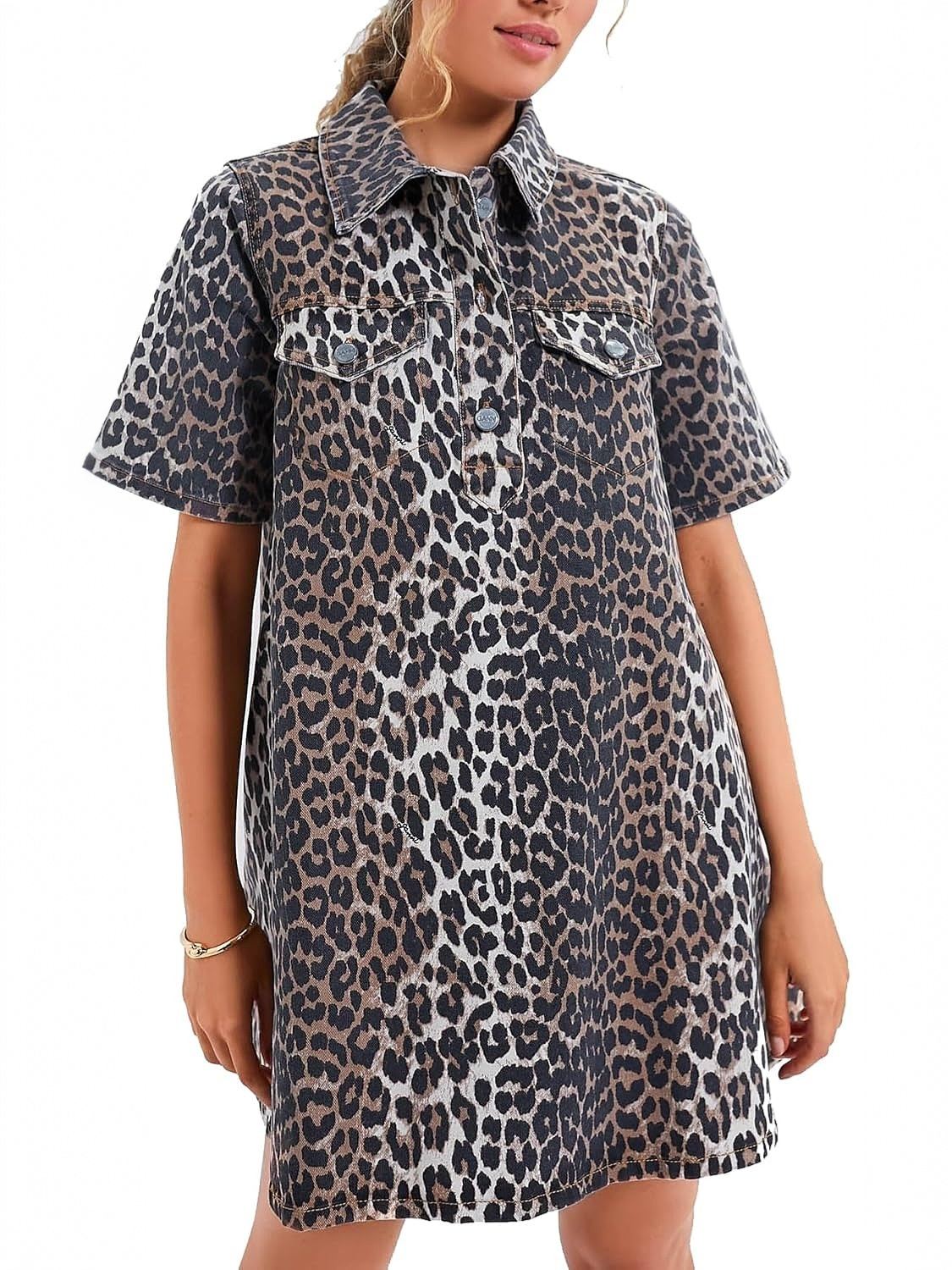 D-Sun Leopard Print Denim Shirt Dress