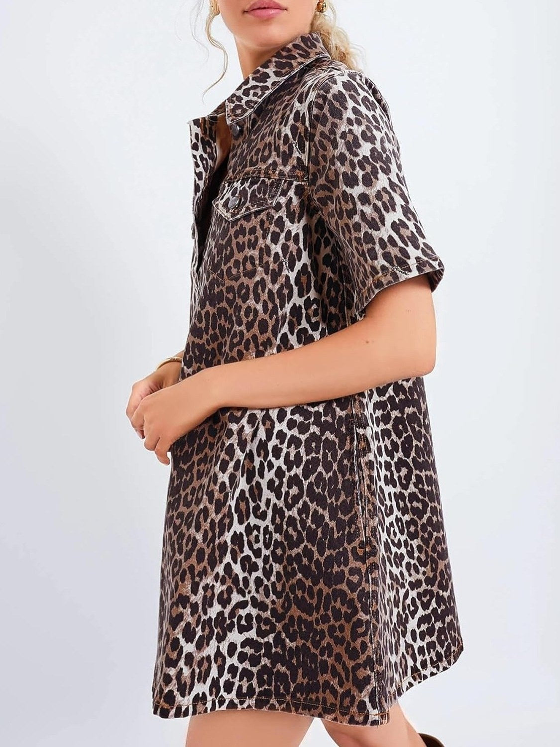 D-Sun Leopard Print Denim Shirt Dress