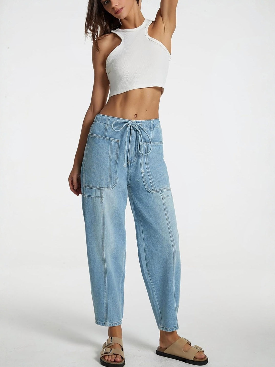 Lifeshe Baggy Barrel Jeans With Drawstring