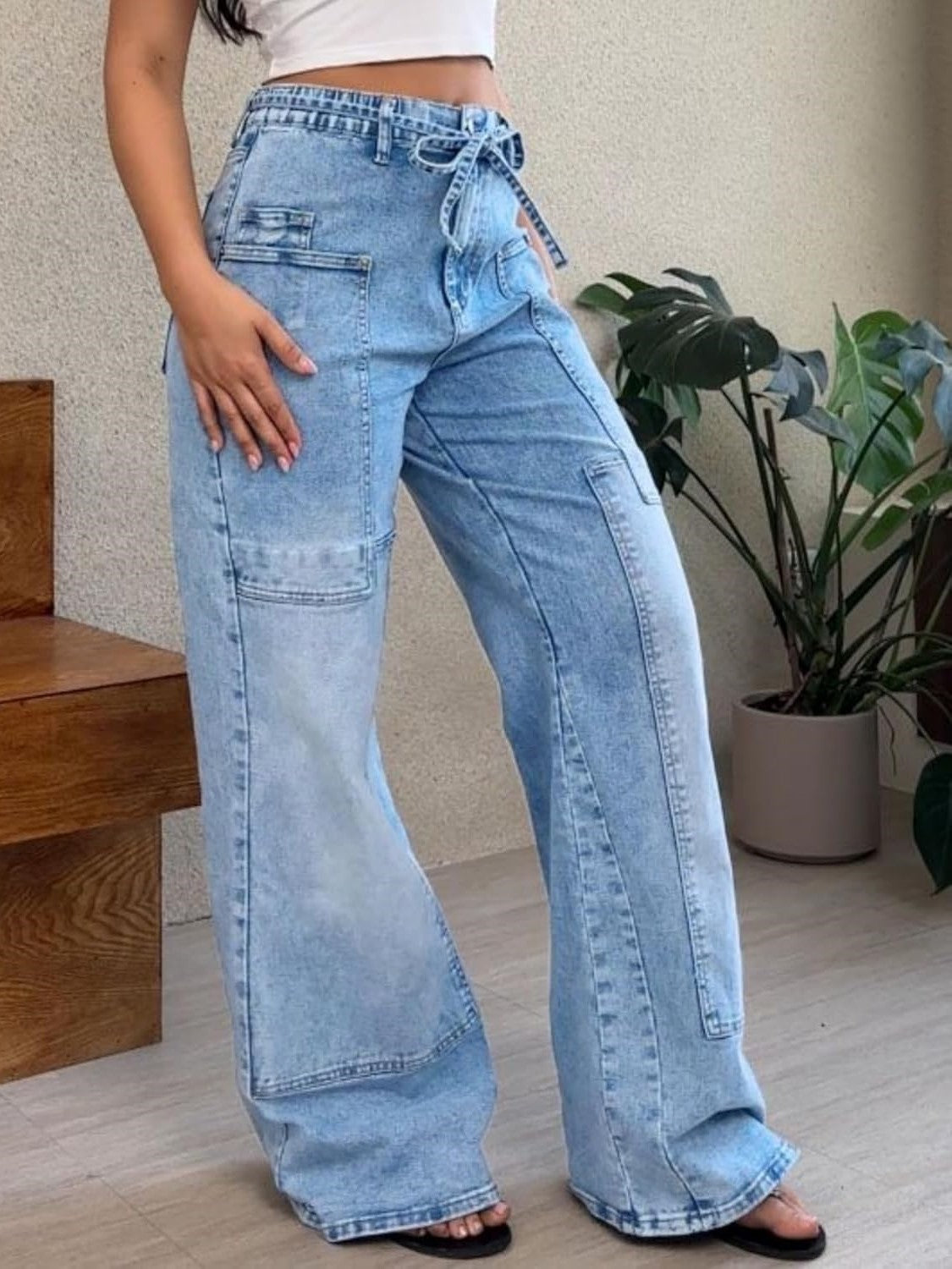 Ezapine Wide Leg Baggy Jeans With Belt