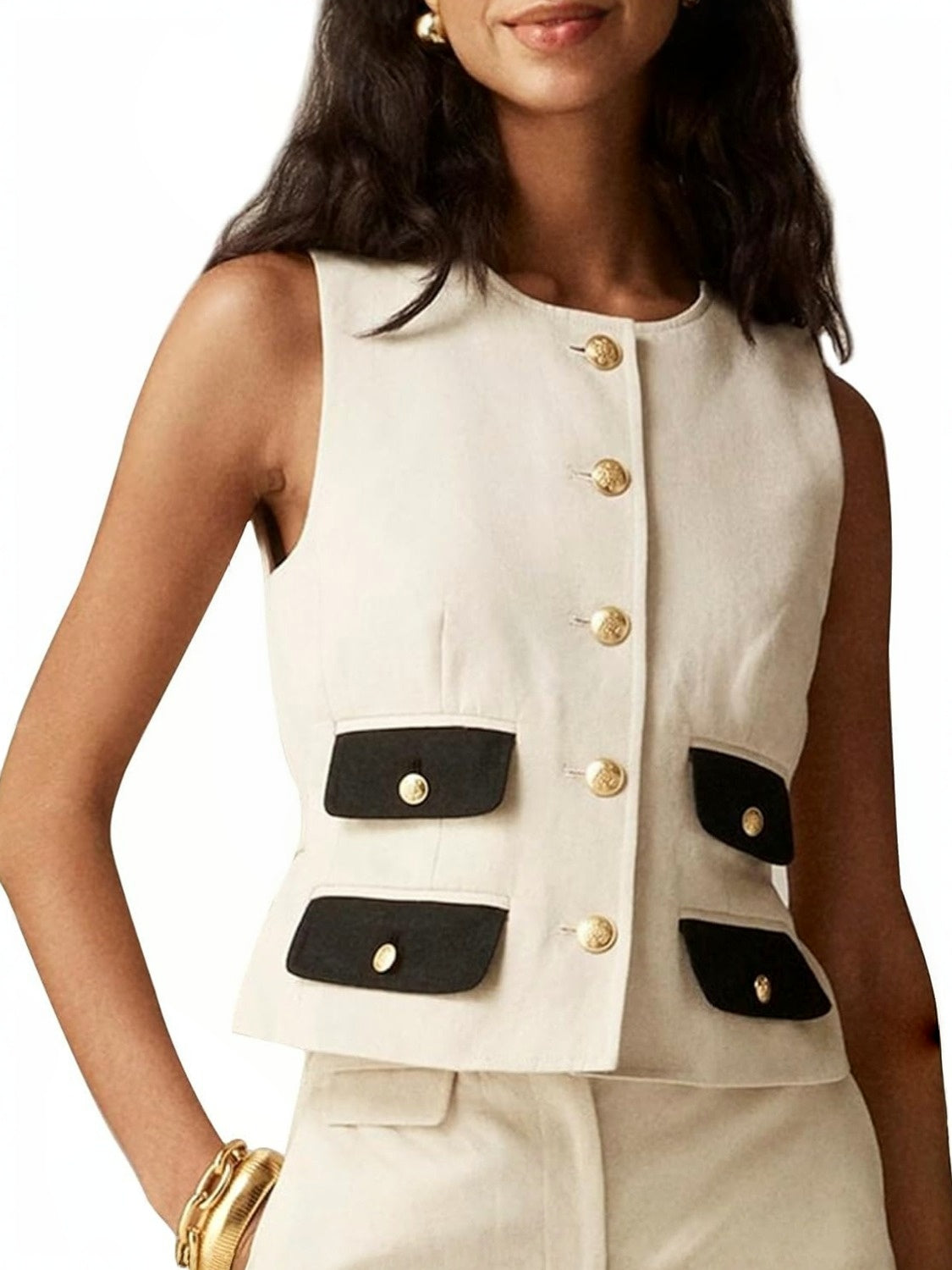 Kedera Crew Neck Sleeveless Linen Button Vest