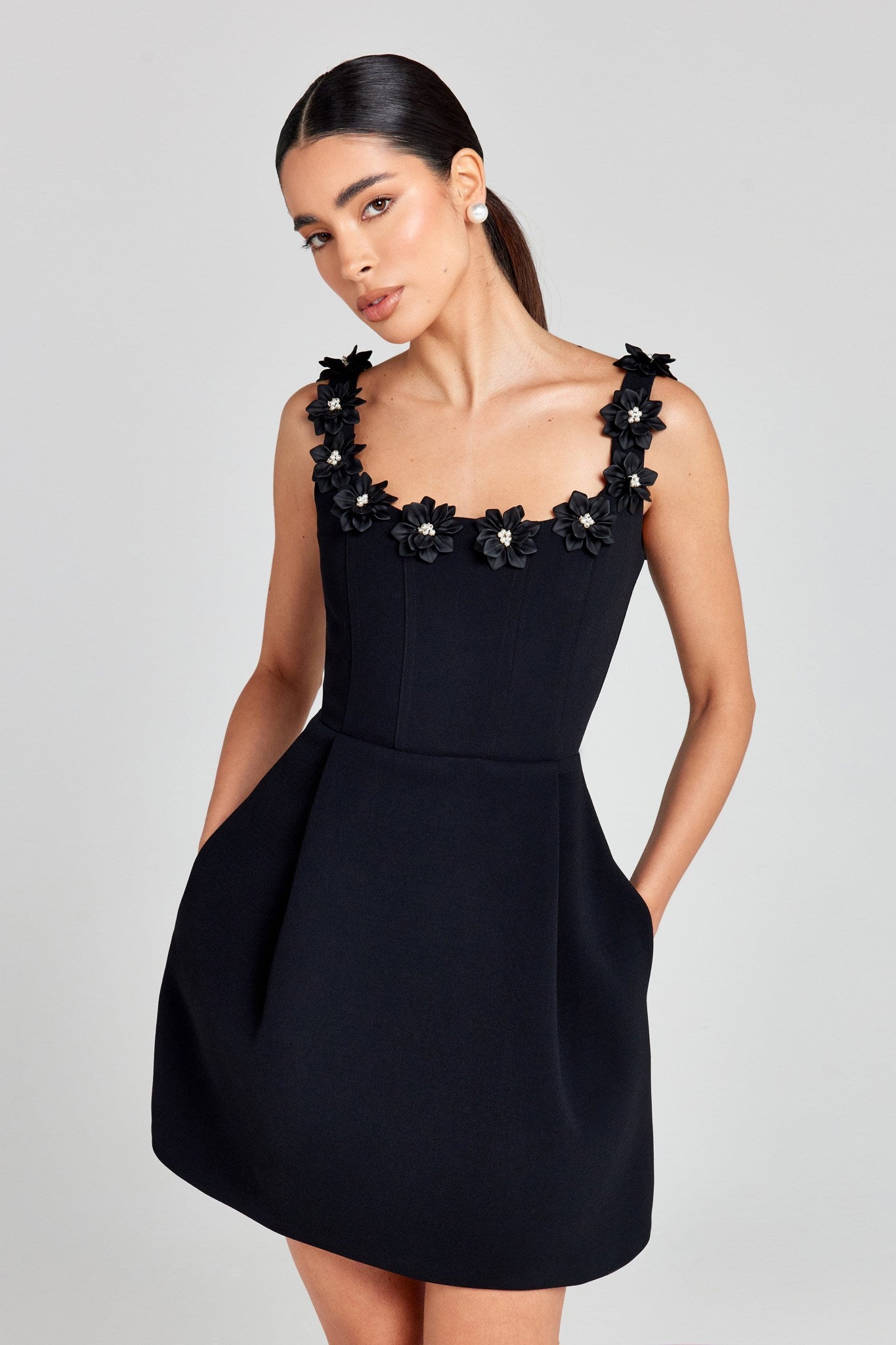 Ezabutus 3D Pearl Flower Applique Square Neck Pocketed Mini Dress