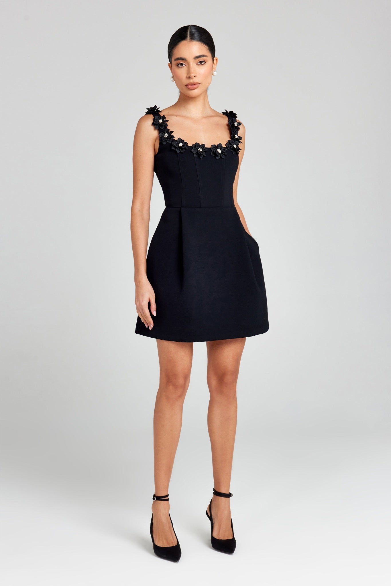 Ezabutus 3D Pearl Flower Applique Square Neck Pocketed Mini Dress