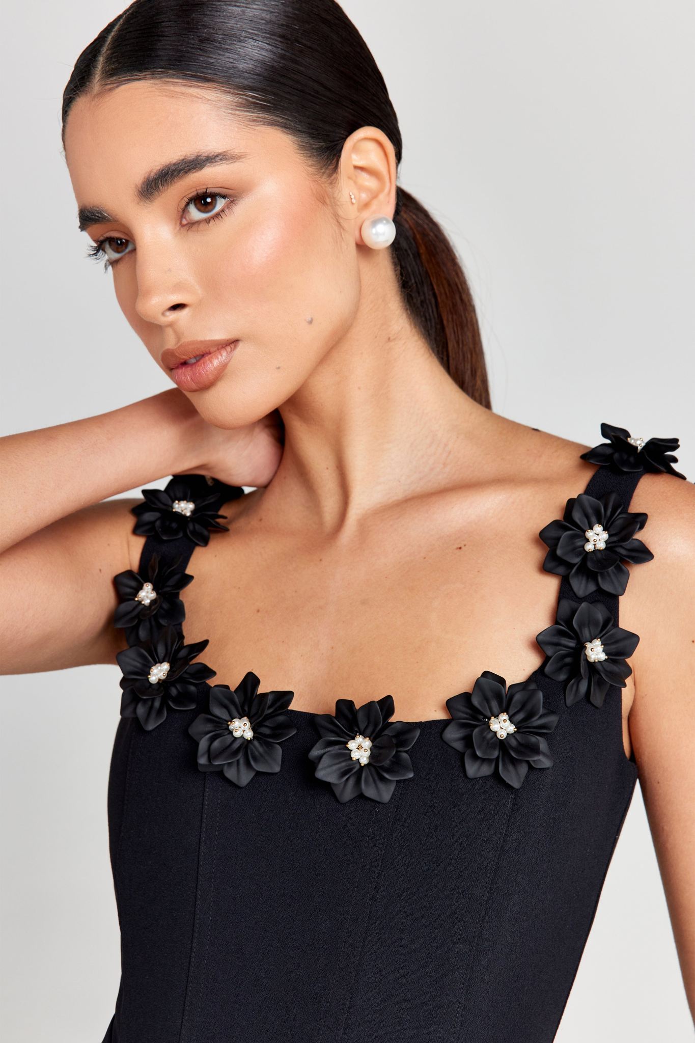 Ezabutus 3D Pearl Flower Applique Square Neck Pocketed Mini Dress