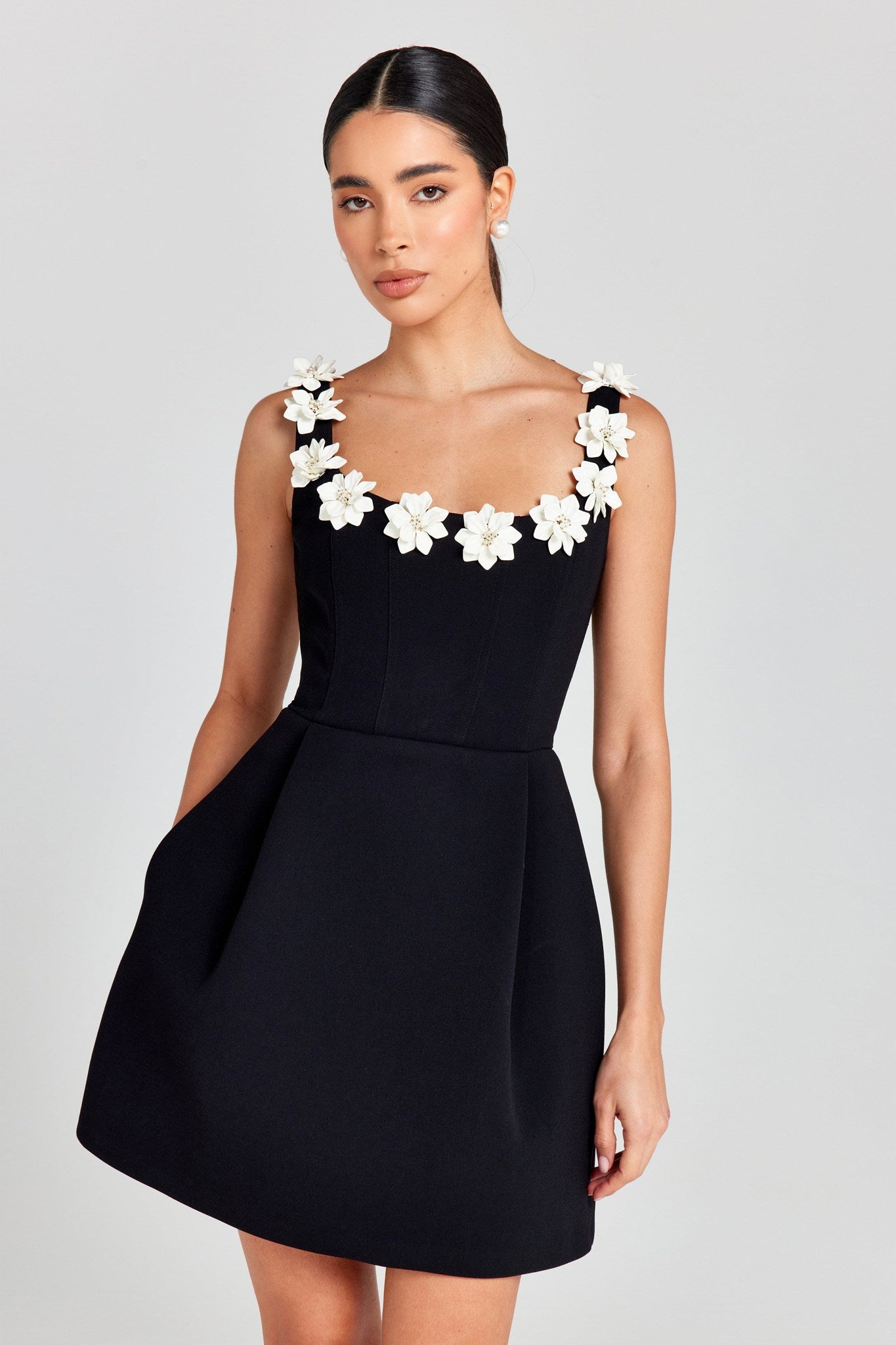 Ezabutus 3D Pearl Flower Applique Square Neck Pocketed Mini Dress