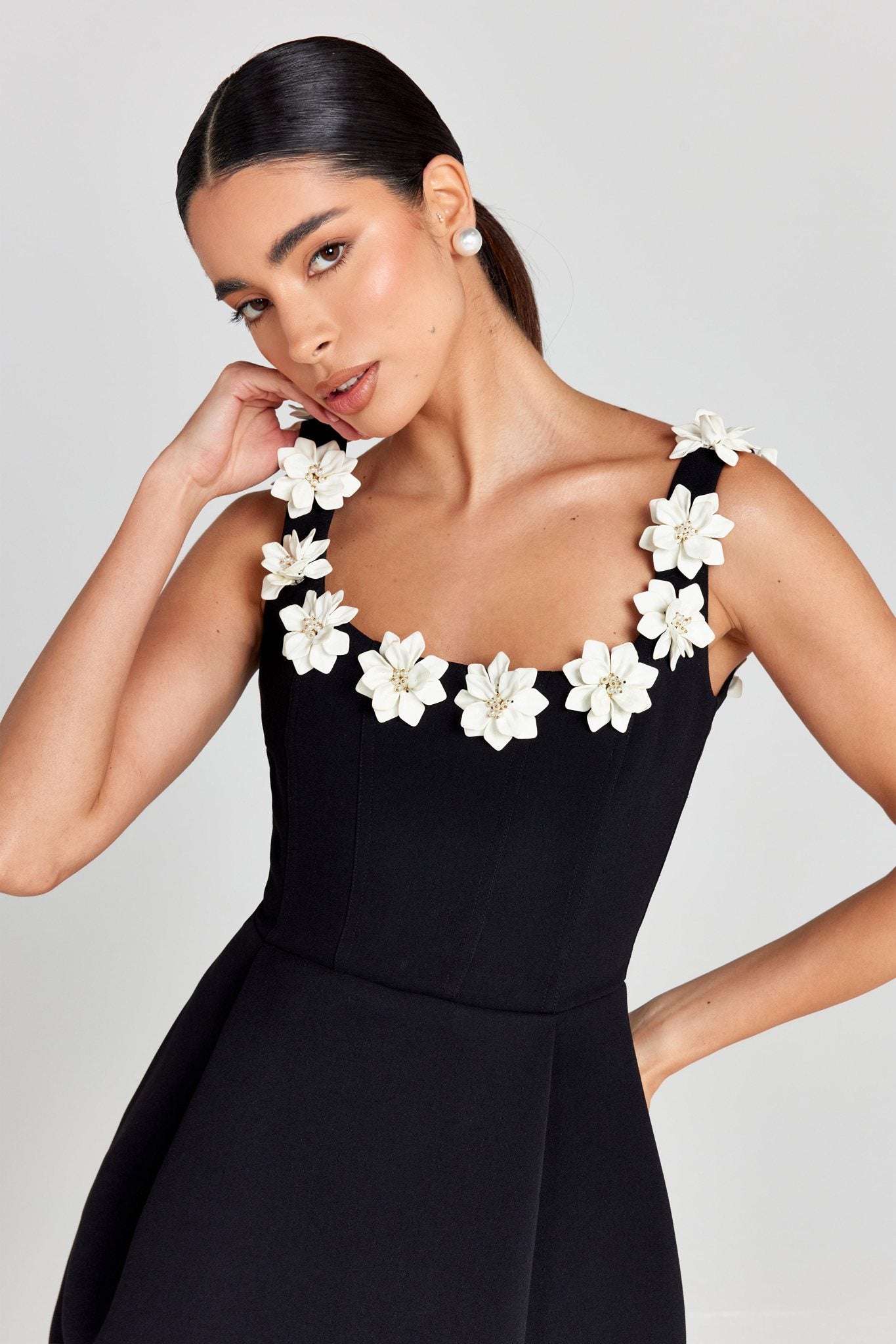 Ezabutus 3D Pearl Flower Applique Square Neck Pocketed Mini Dress