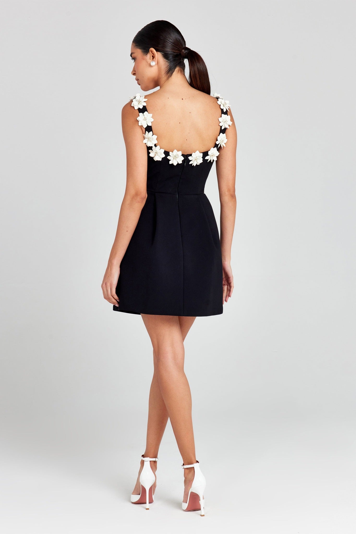 Ezabutus 3D Pearl Flower Applique Square Neck Pocketed Mini Dress