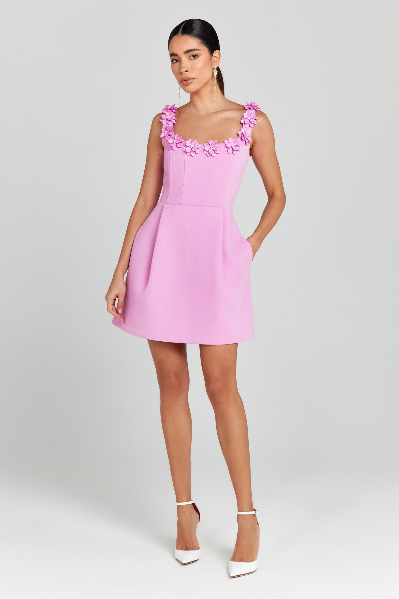Ezabutus 3D Pearl Flower Applique Square Neck Pocketed Mini Dress