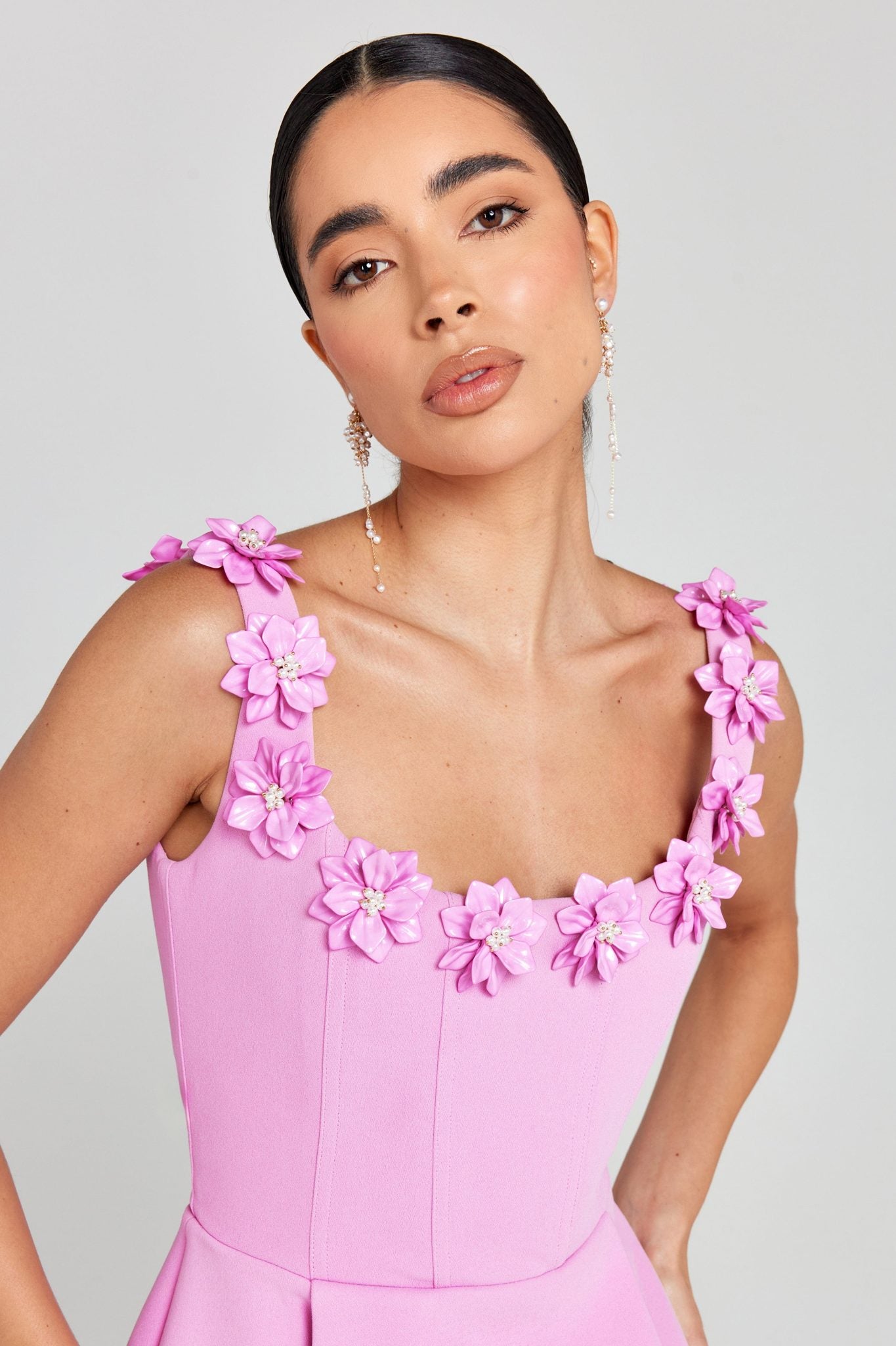 Ezabutus 3D Pearl Flower Applique Square Neck Pocketed Mini Dress