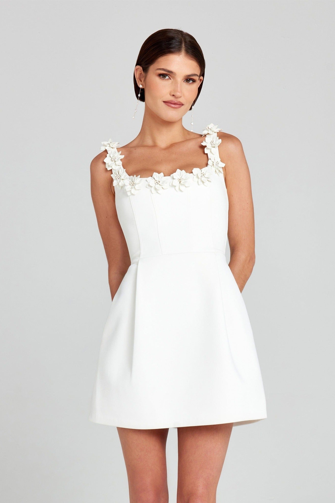 Ezabutus 3D Pearl Flower Applique Square Neck Pocketed Mini Dress