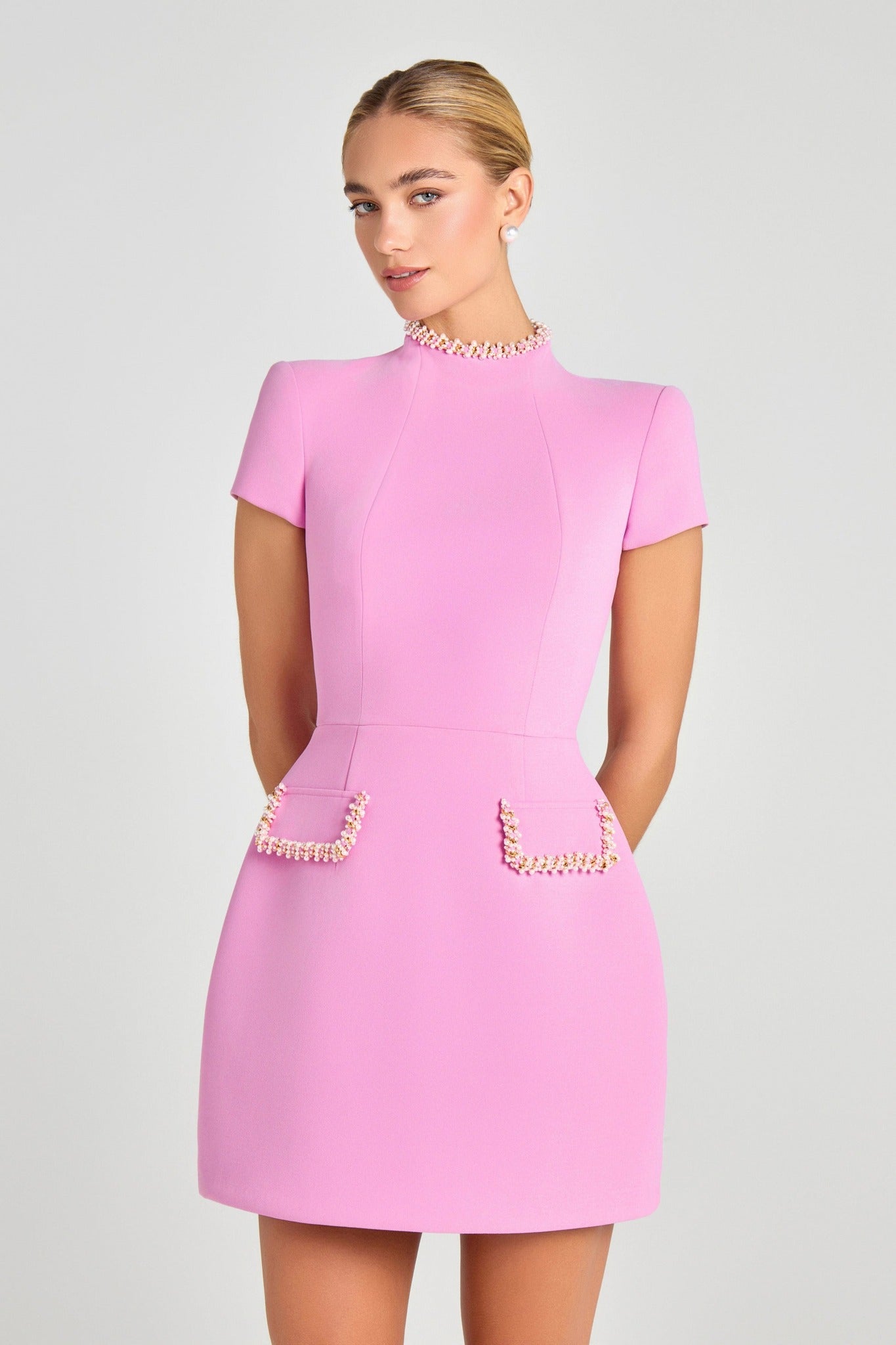 Ezabutus Pearl Embellished Tulip Mini Dress – Available in Pink Crepe, Black & White Tweed