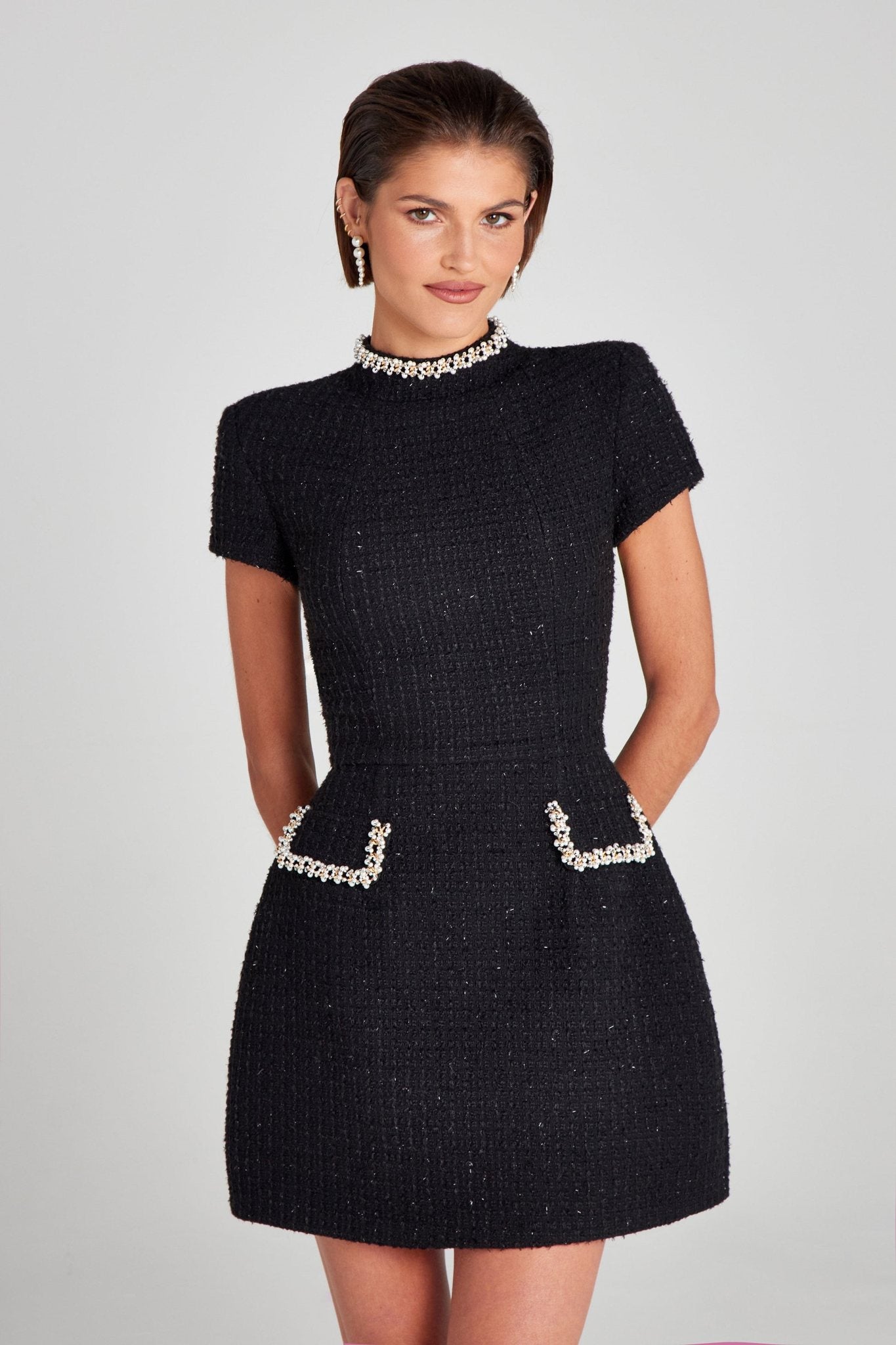 Ezabutus Pearl Embellished Tulip Mini Dress – Available in Pink Crepe, Black & White Tweed