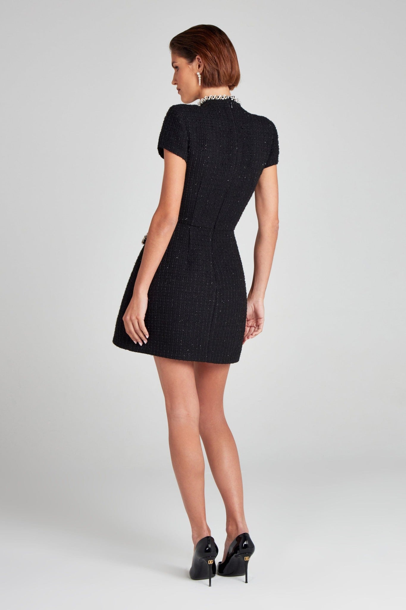 Ezabutus Pearl Embellished Tulip Mini Dress – Available in Pink Crepe, Black & White Tweed