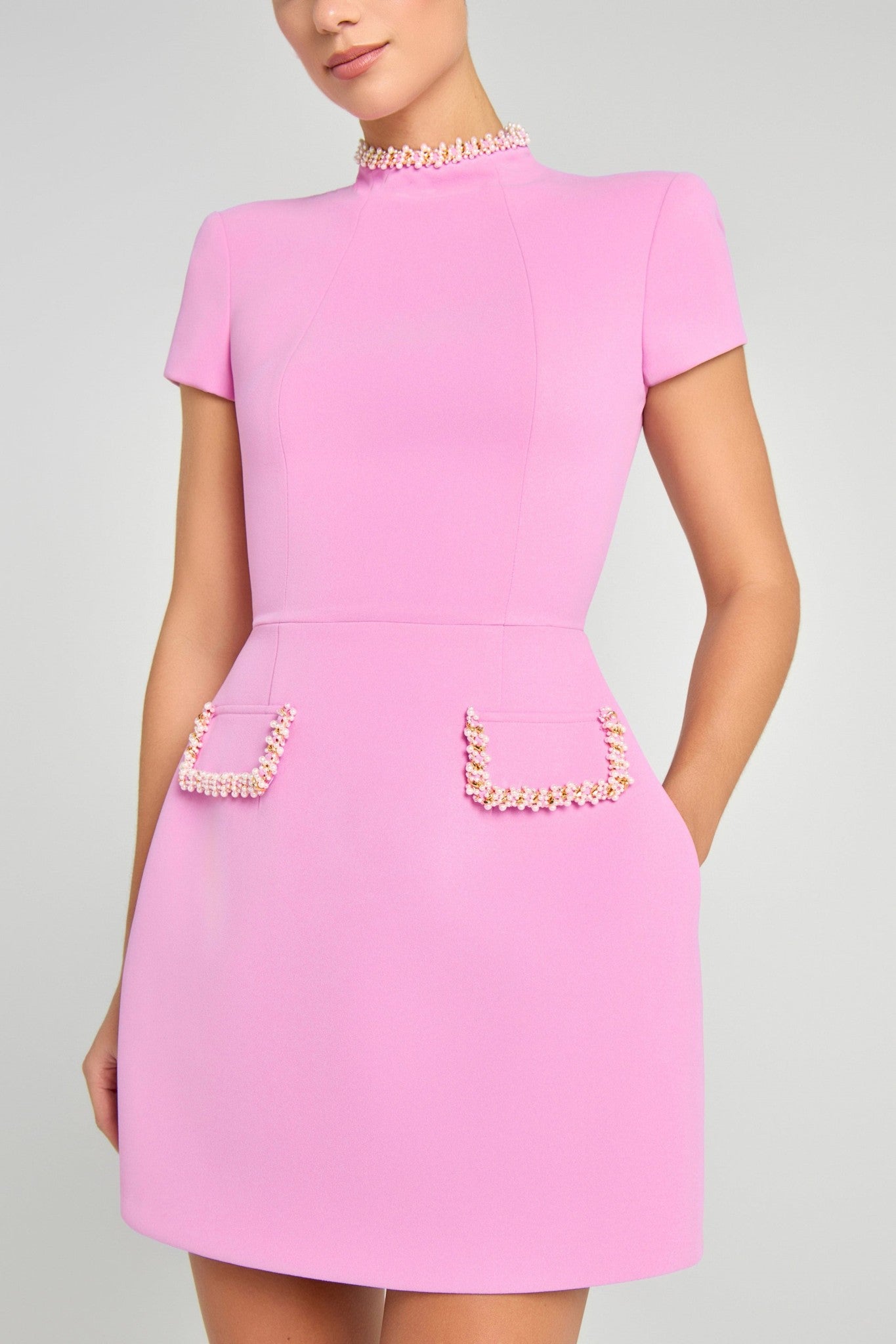 Ezabutus Pearl Embellished Tulip Mini Dress – Available in Pink Crepe, Black & White Tweed