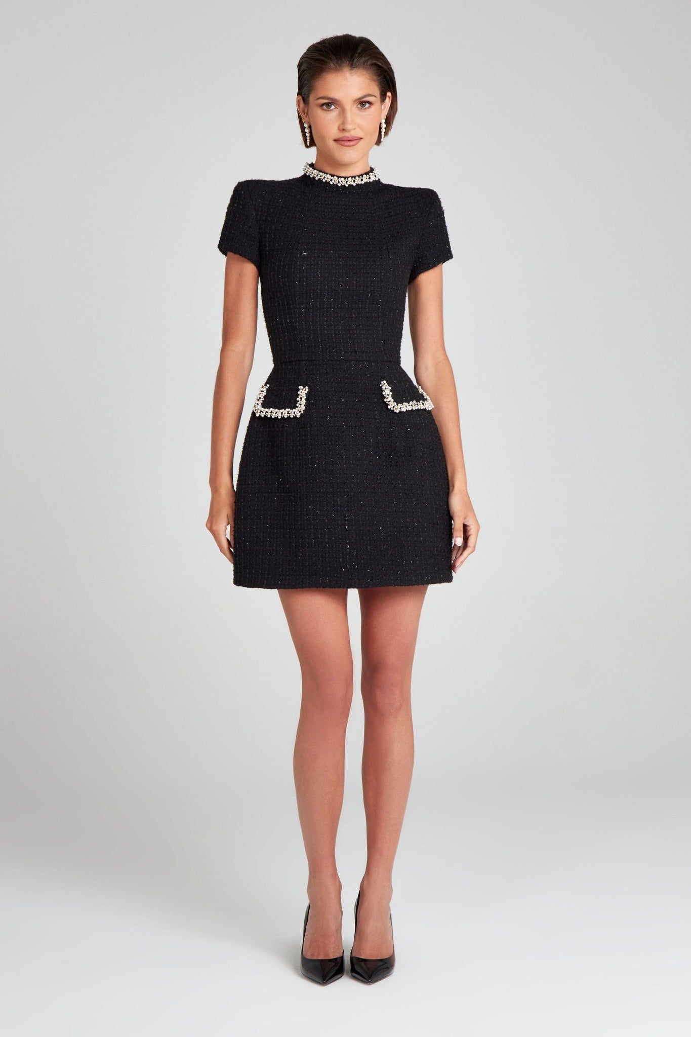 Ezabutus Pearl Embellished Tulip Mini Dress – Available in Pink Crepe, Black & White Tweed