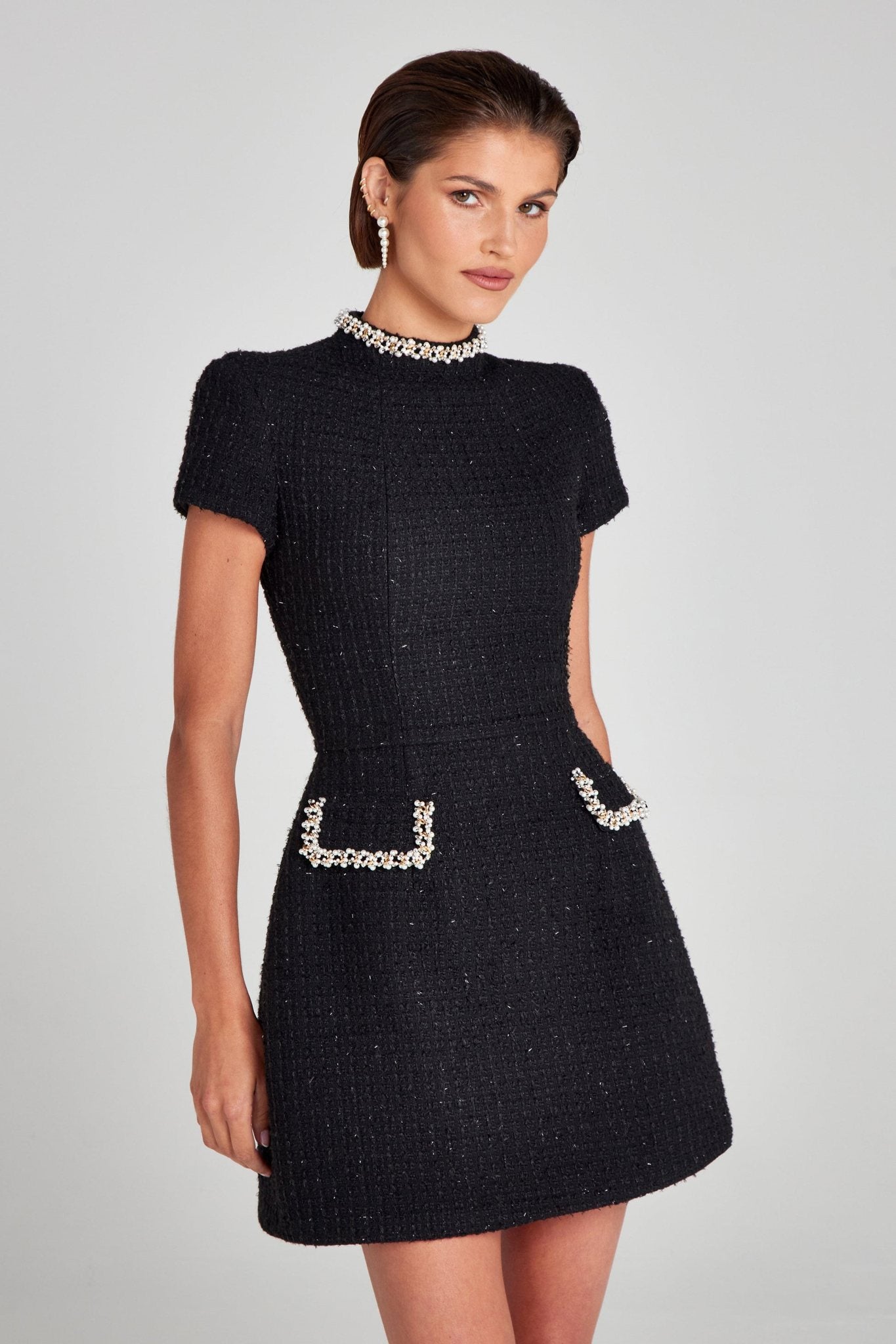 Ezabutus Pearl Embellished Tulip Mini Dress – Available in Pink Crepe, Black & White Tweed