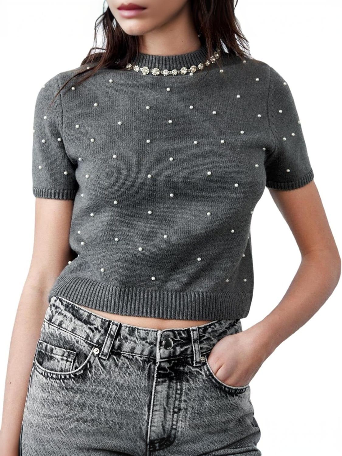 Lifeshe Pearl Embellished Crop Sweater
