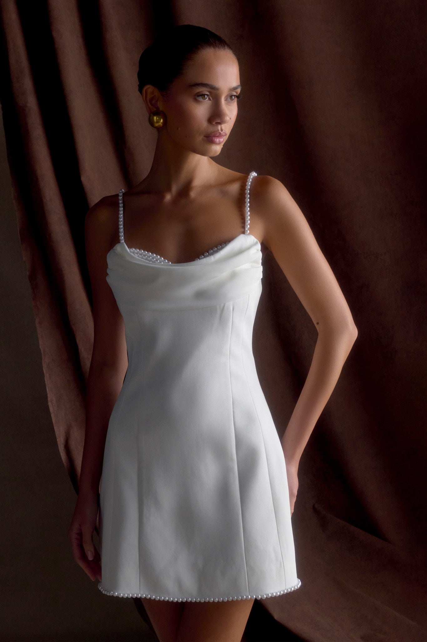 Ezabutus Pearl Trim Cowl Neck Mini Dress – Elegant White Party Dress