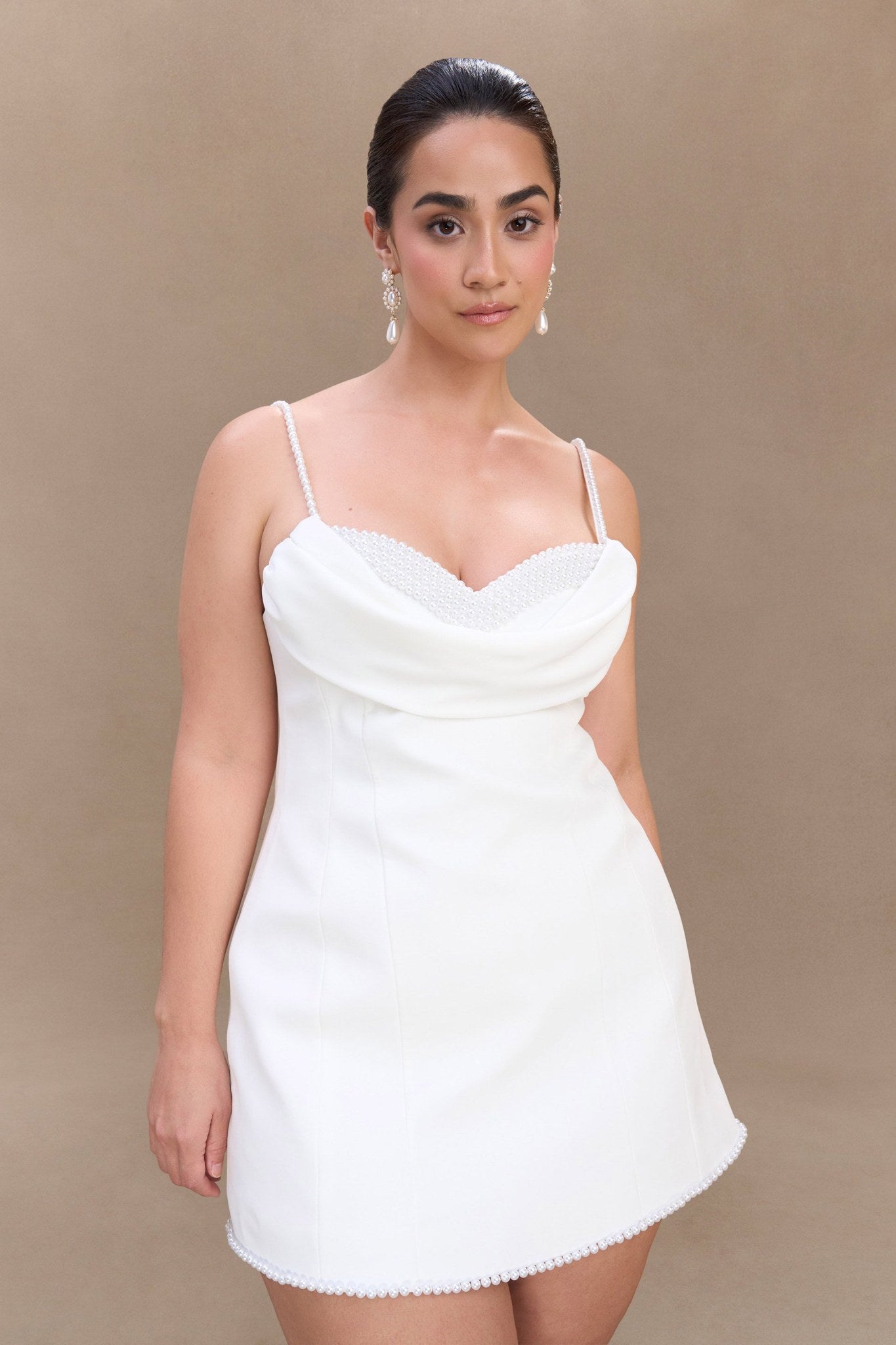 Ezabutus Pearl Trim Cowl Neck Mini Dress – Elegant White Party Dress