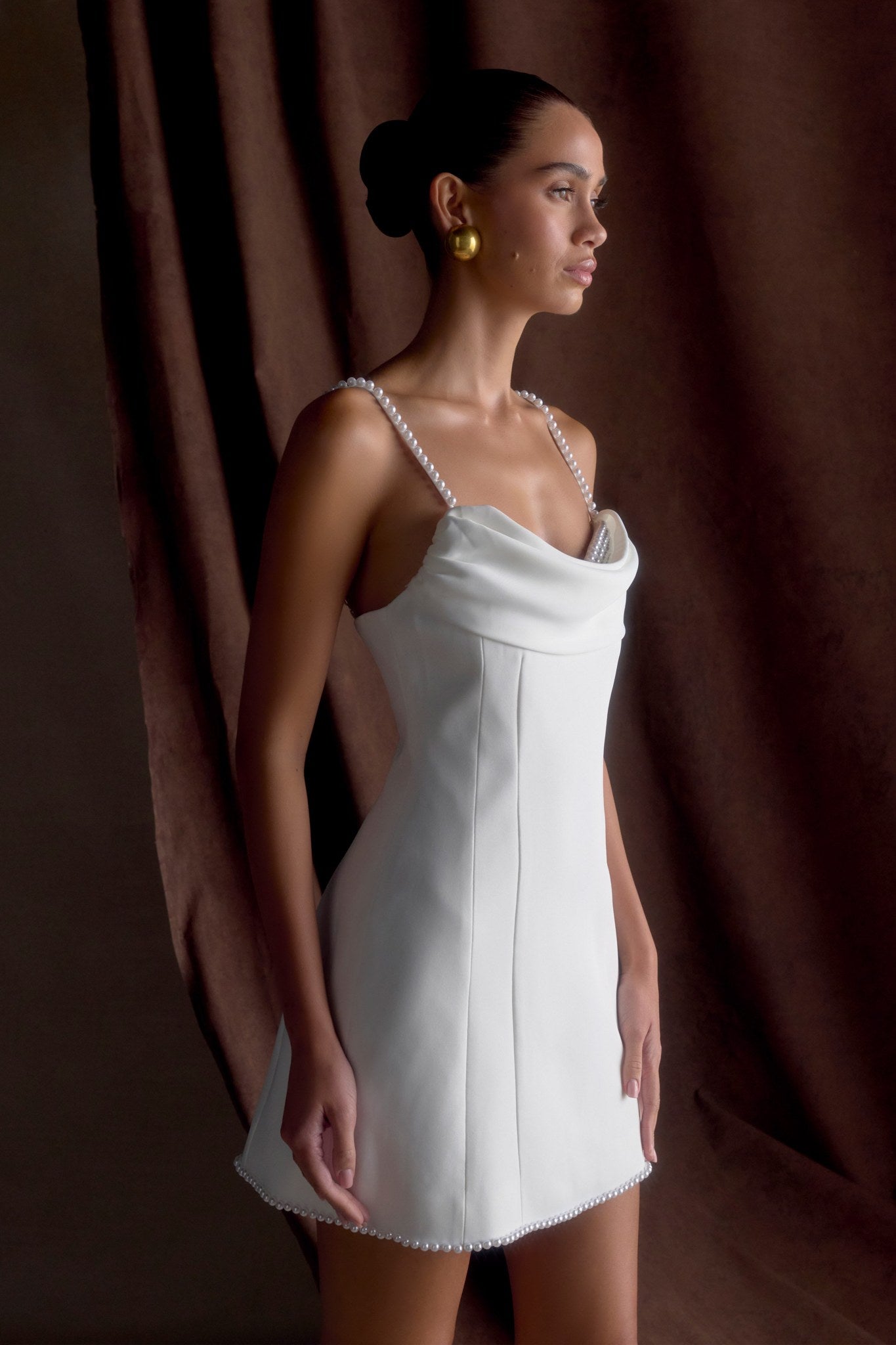 Ezabutus Pearl Trim Cowl Neck Mini Dress – Elegant White Party Dress