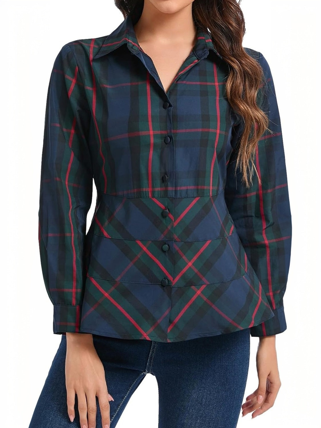 Ladyful Plaid Button Down Peplum Top