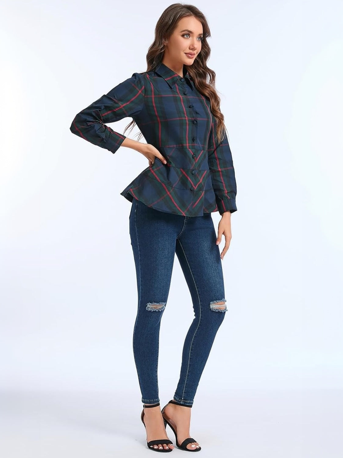 Ladyful Plaid Button Down Peplum Top
