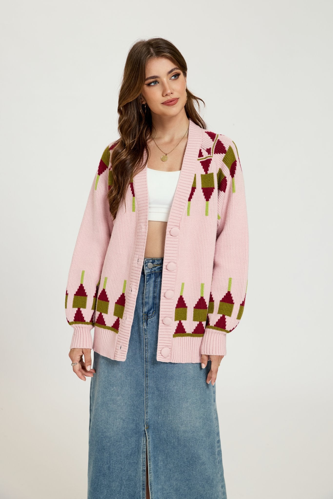 Ezabutus Pink Geometric Pattern Knit Cardigan