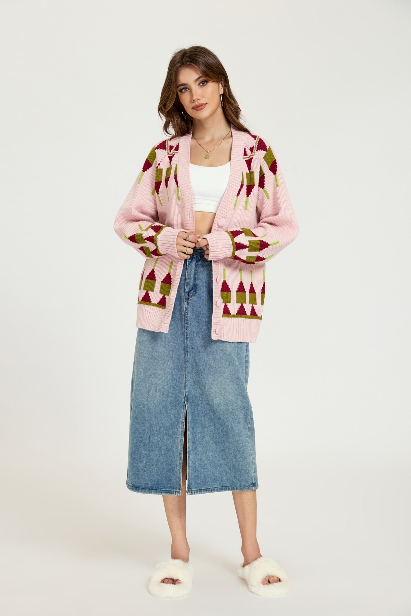 Ezabutus Pink Geometric Pattern Knit Cardigan