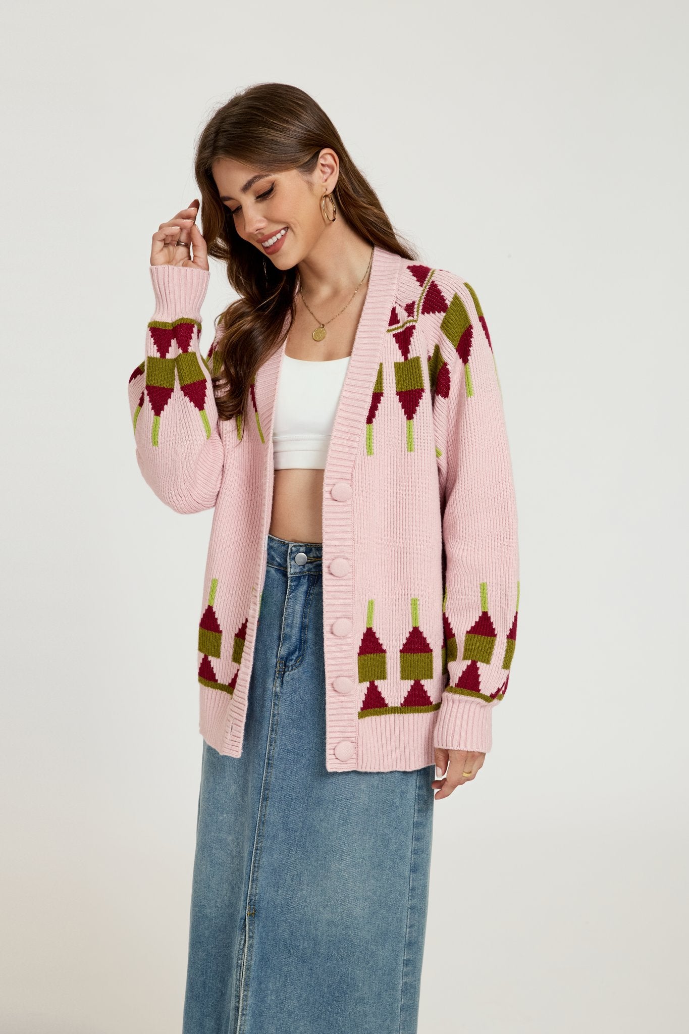 Ezabutus Pink Geometric Pattern Knit Cardigan
