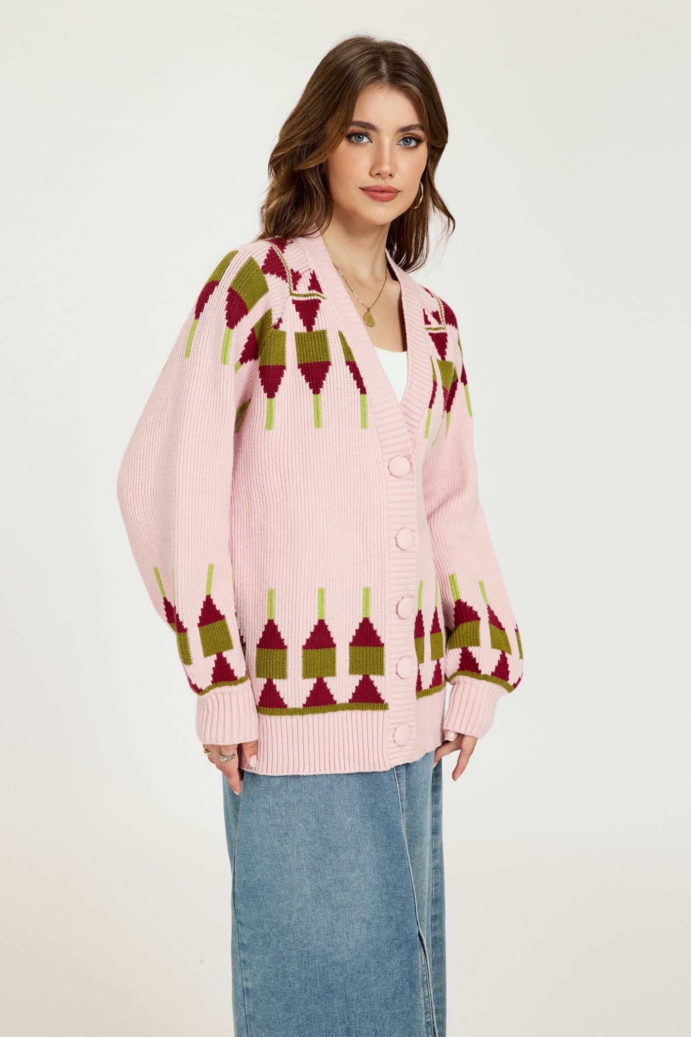 Ezabutus Pink Geometric Pattern Knit Cardigan