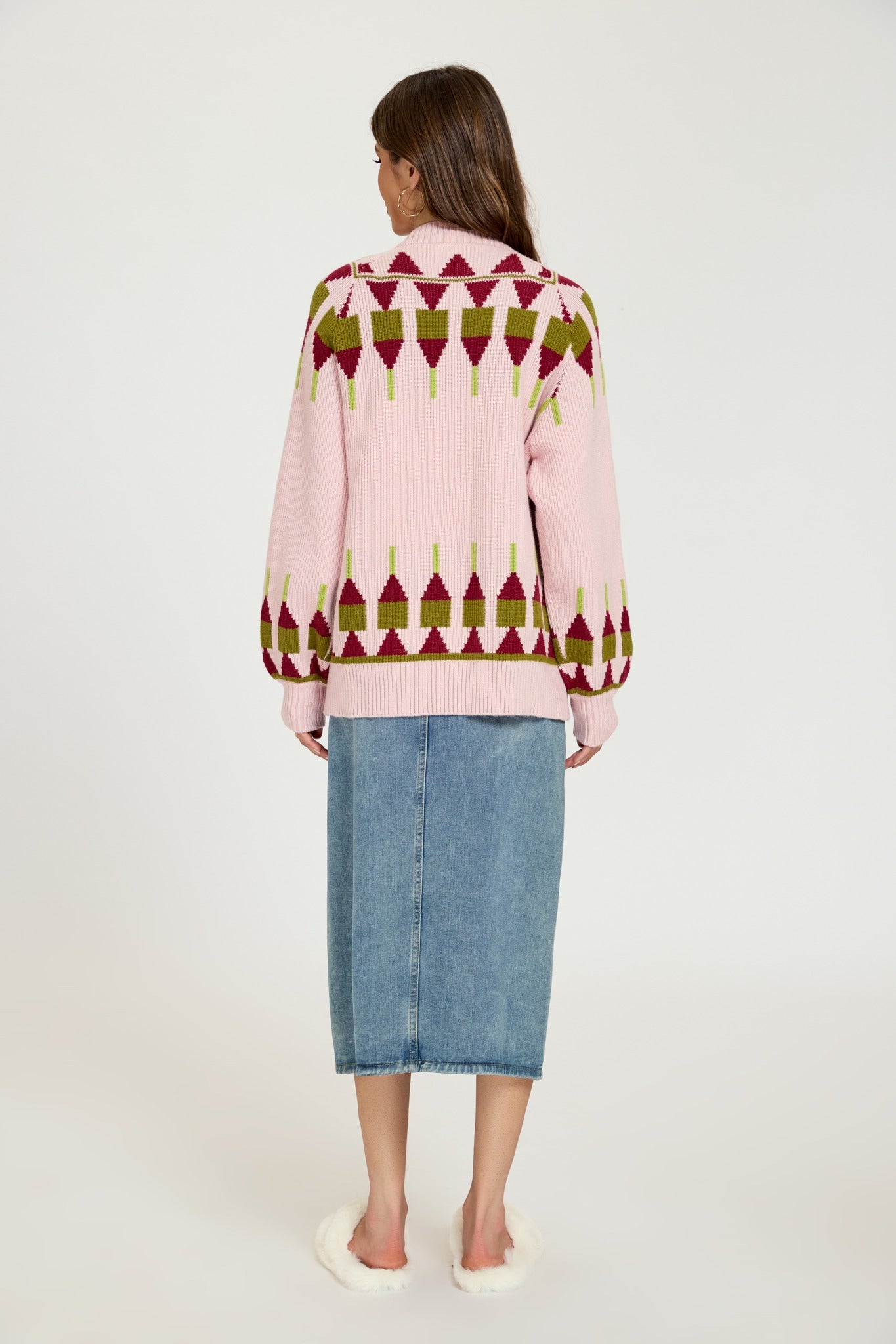 Ezabutus Pink Geometric Pattern Knit Cardigan