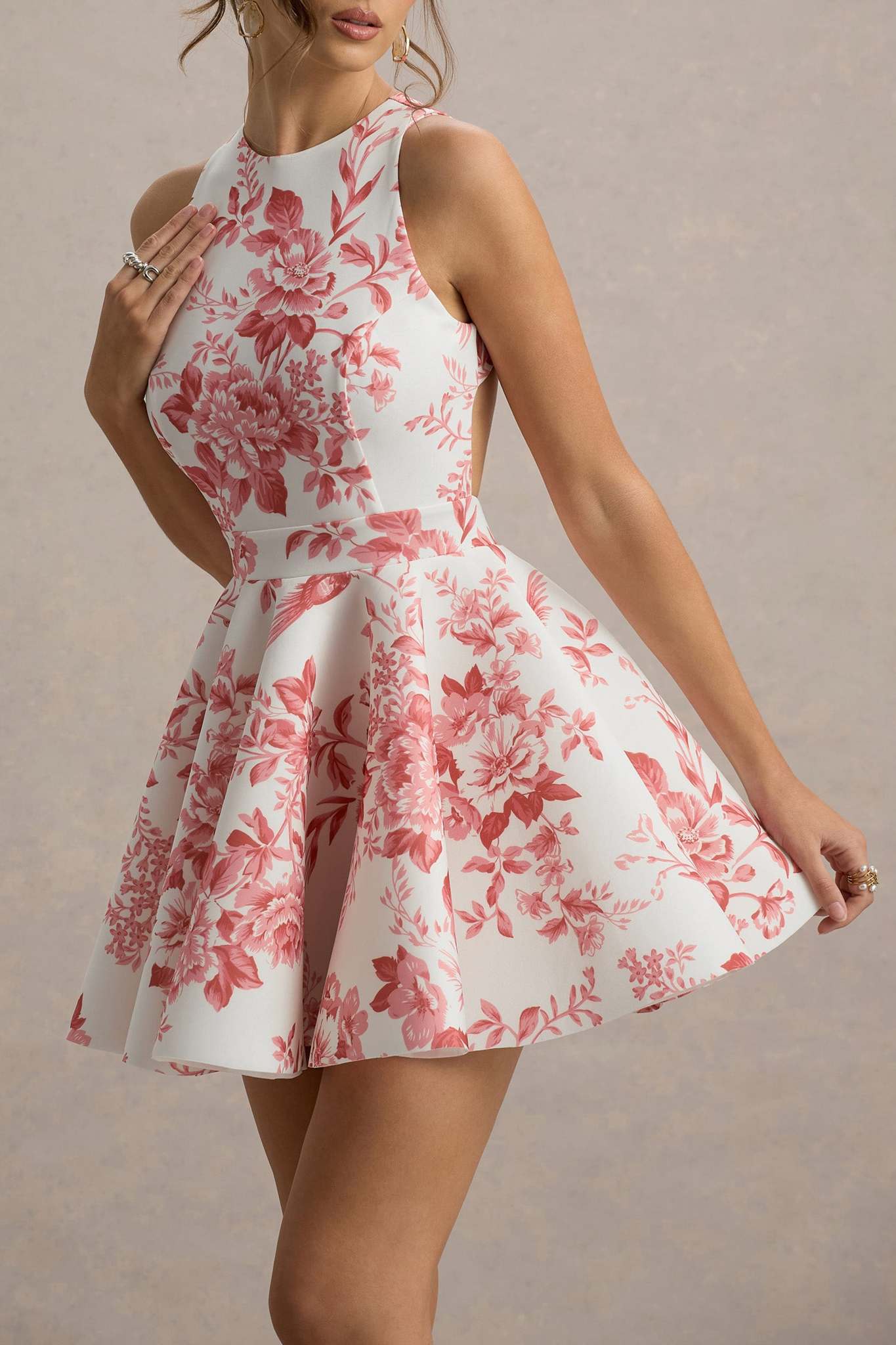 Ezabutus Pink Porcelain Floral Skater Mini Dress – Open Back, Racer Neckline, Elegant Flared Hem