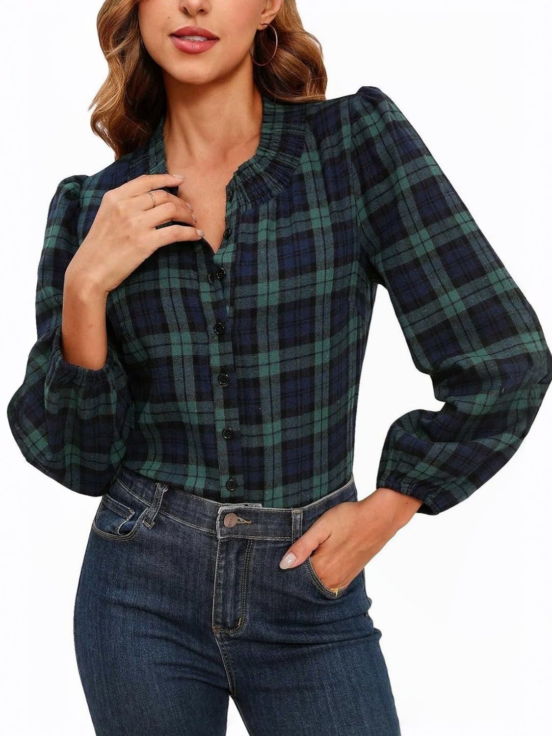 Yexpine Smocked Plaid Blouse