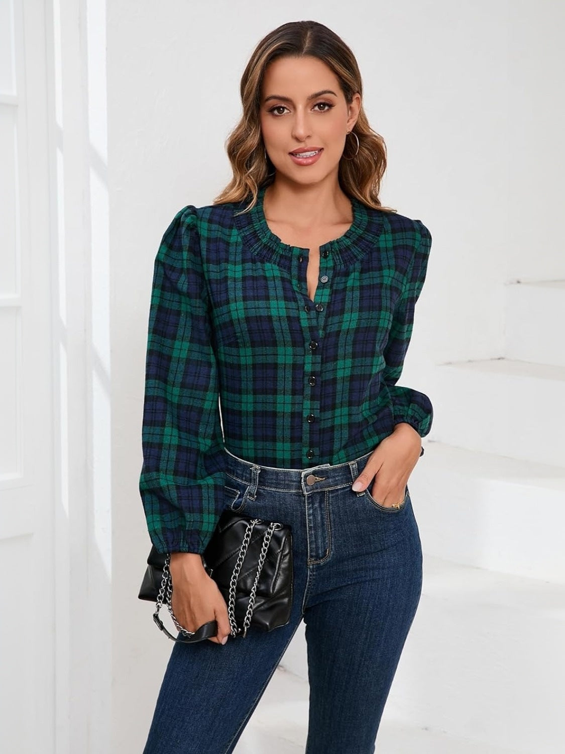 Yexpine Smocked Plaid Blouse