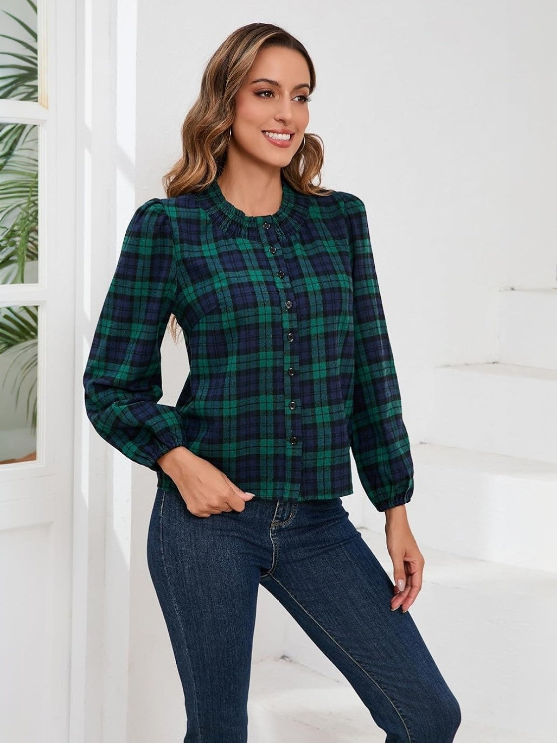 Yexpine Smocked Plaid Blouse