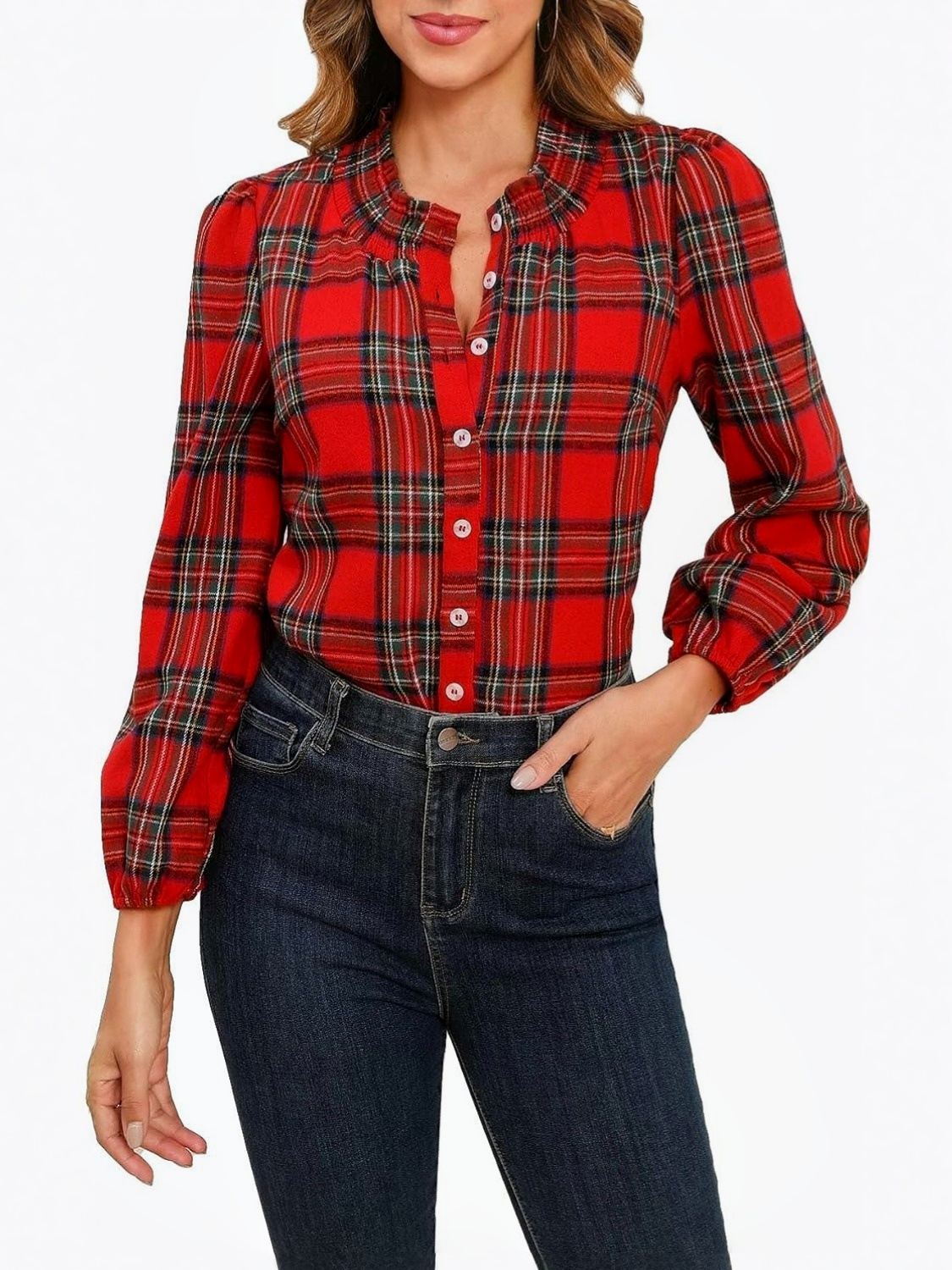 Yexpine Smocked Plaid Blouse