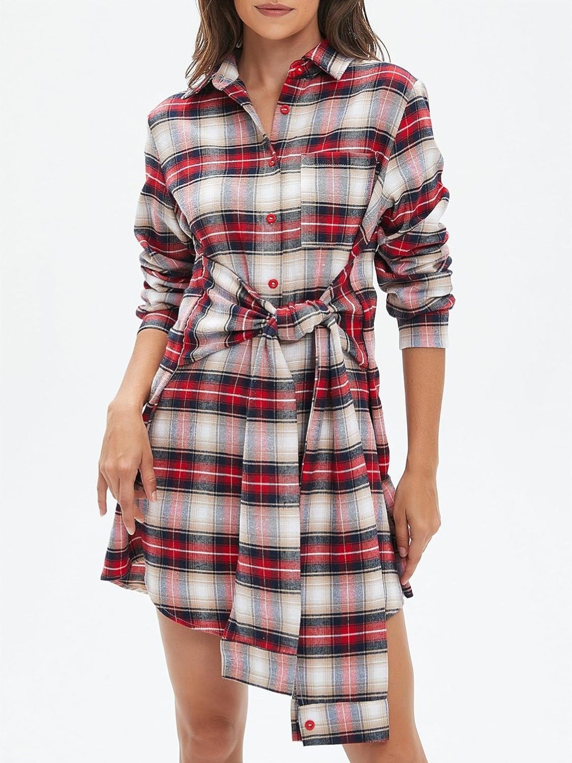 Lifeshe Tie Plaid Shirt Dress