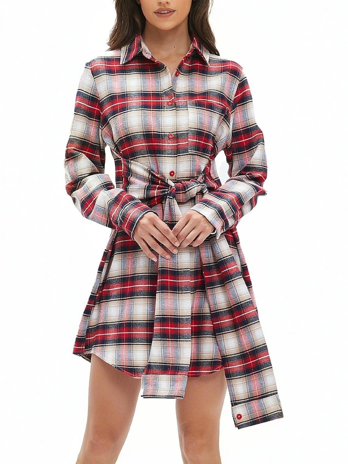 Lifeshe Tie Plaid Shirt Dress