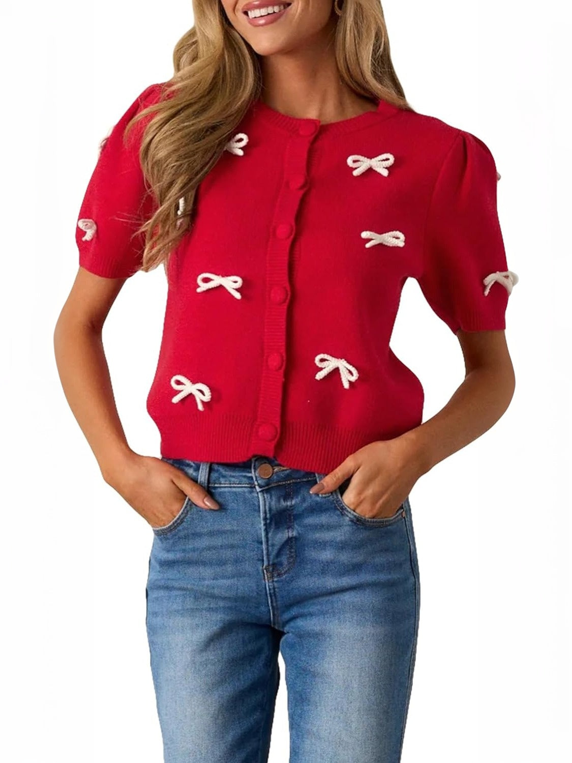 Kedera Puff Sleeve Knit Top With Bow