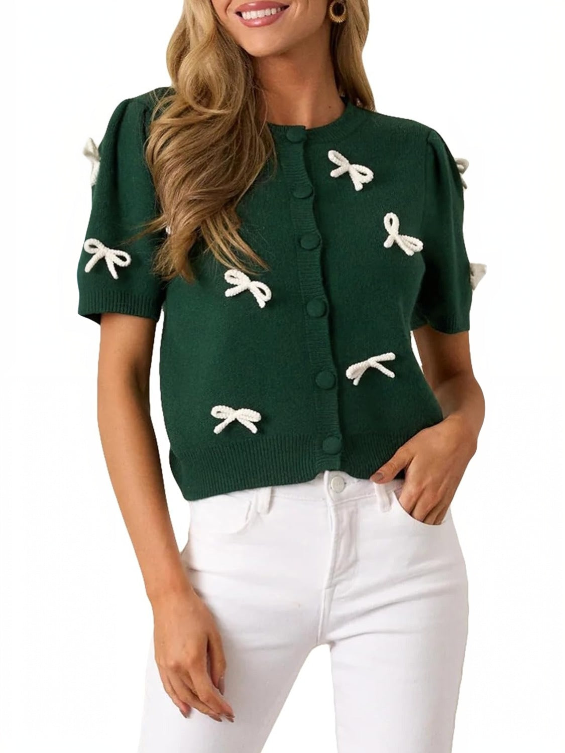 Kedera Puff Sleeve Knit Top With Bow