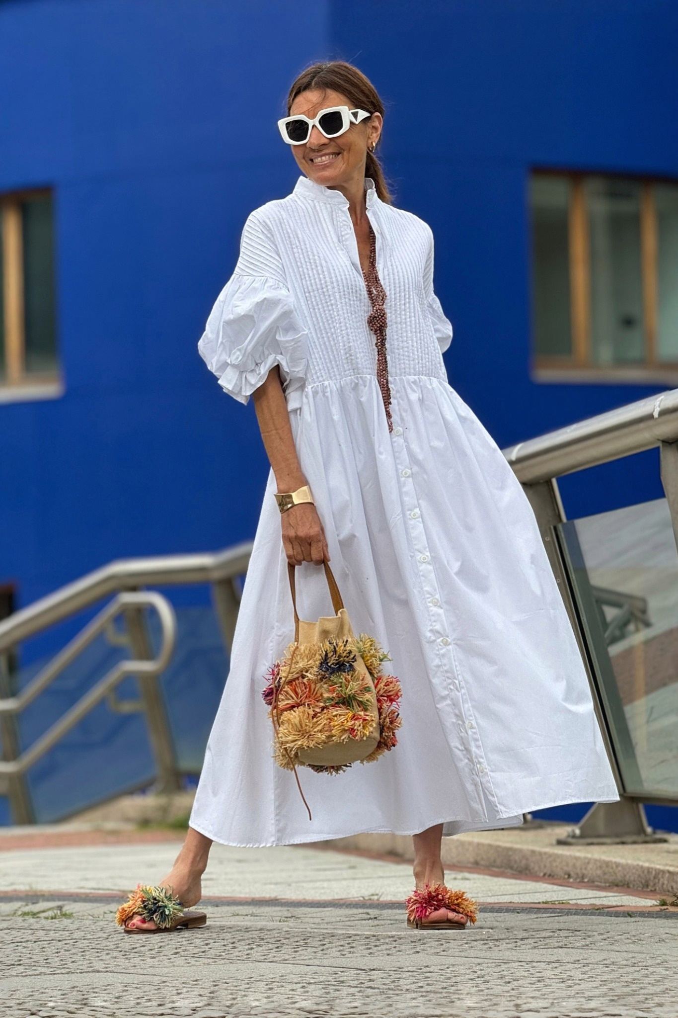 Ezabutus Oversized Puff Sleeve Cotton Midi Shirt Dress With Pockets