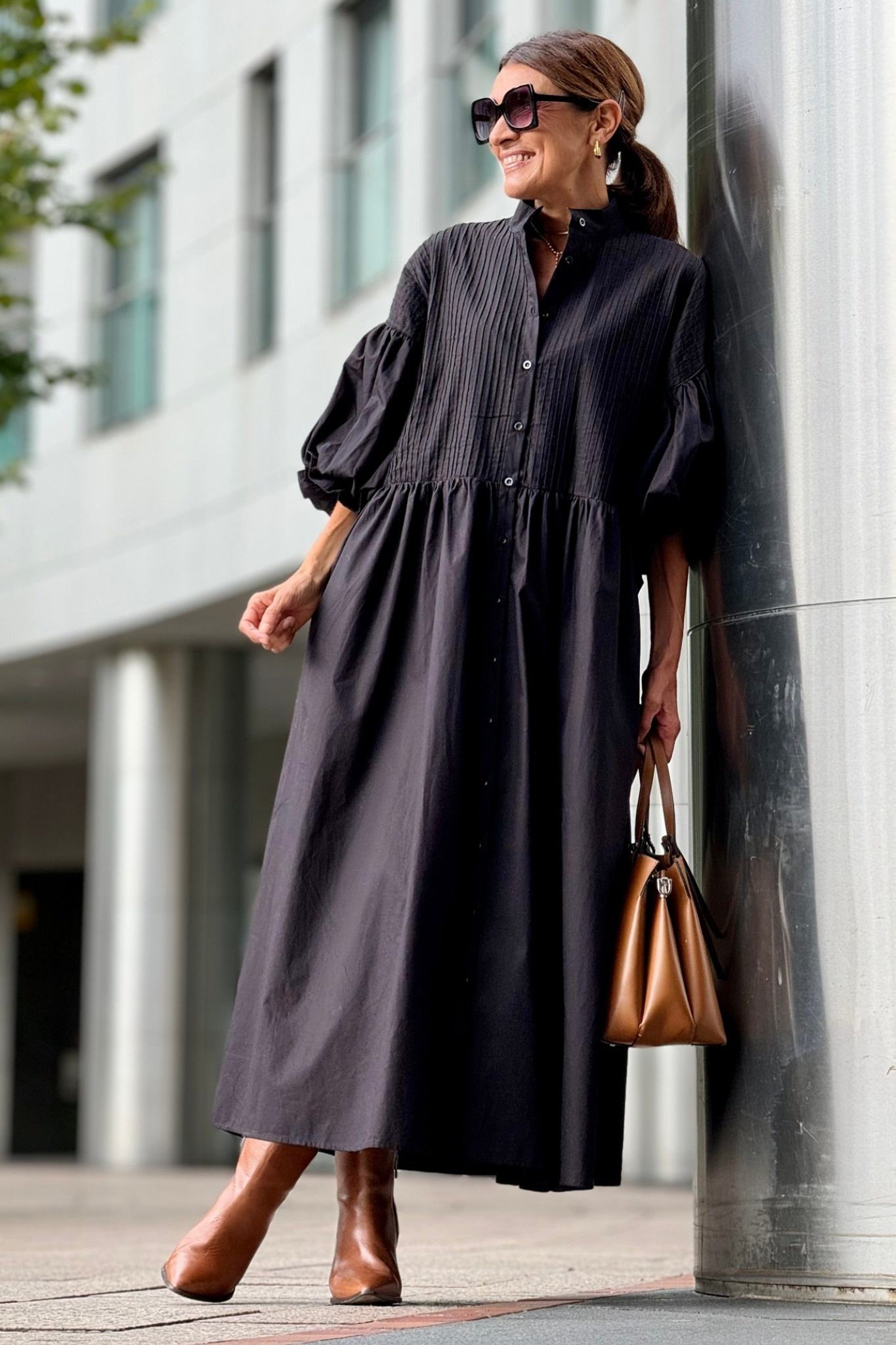 Ezabutus Oversized Puff Sleeve Cotton Midi Shirt Dress With Pockets